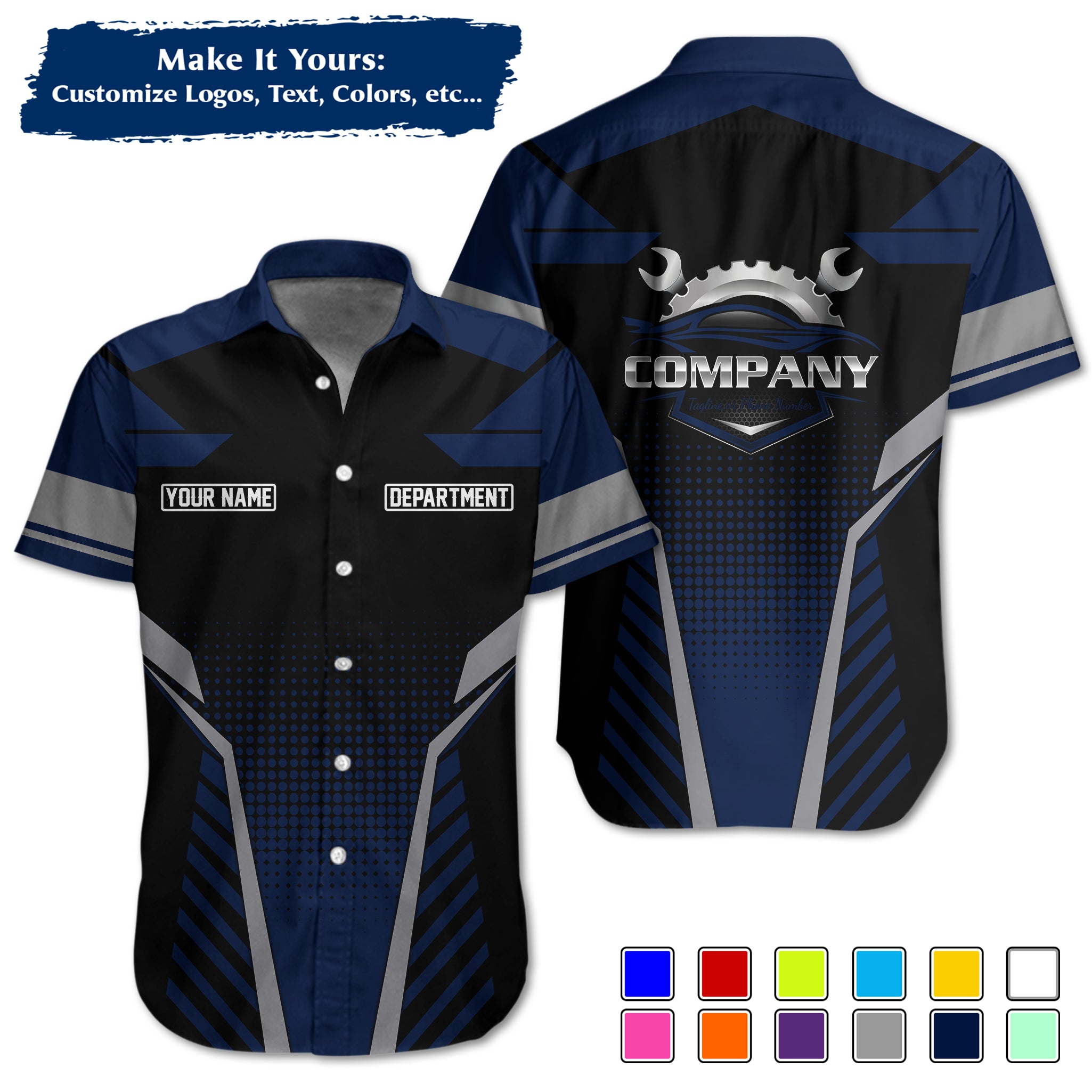 Custom Hawaiian Work Shirt for Auto Mechanics, Add Garage Logo, Name & Contact Info MCNHW11