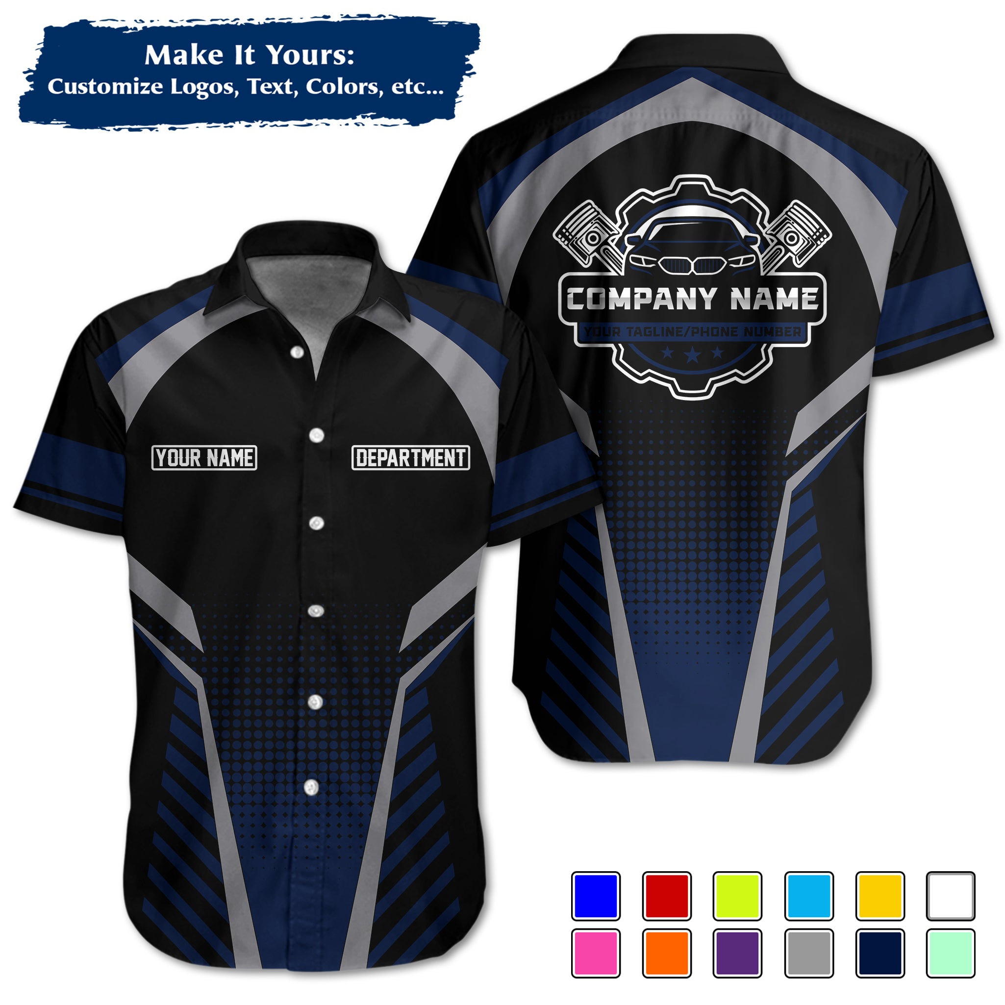 Custom Hawaiian Work Shirt for Auto Mechanics, Add Garage Logo, Name & Contact Info MCNHW14
