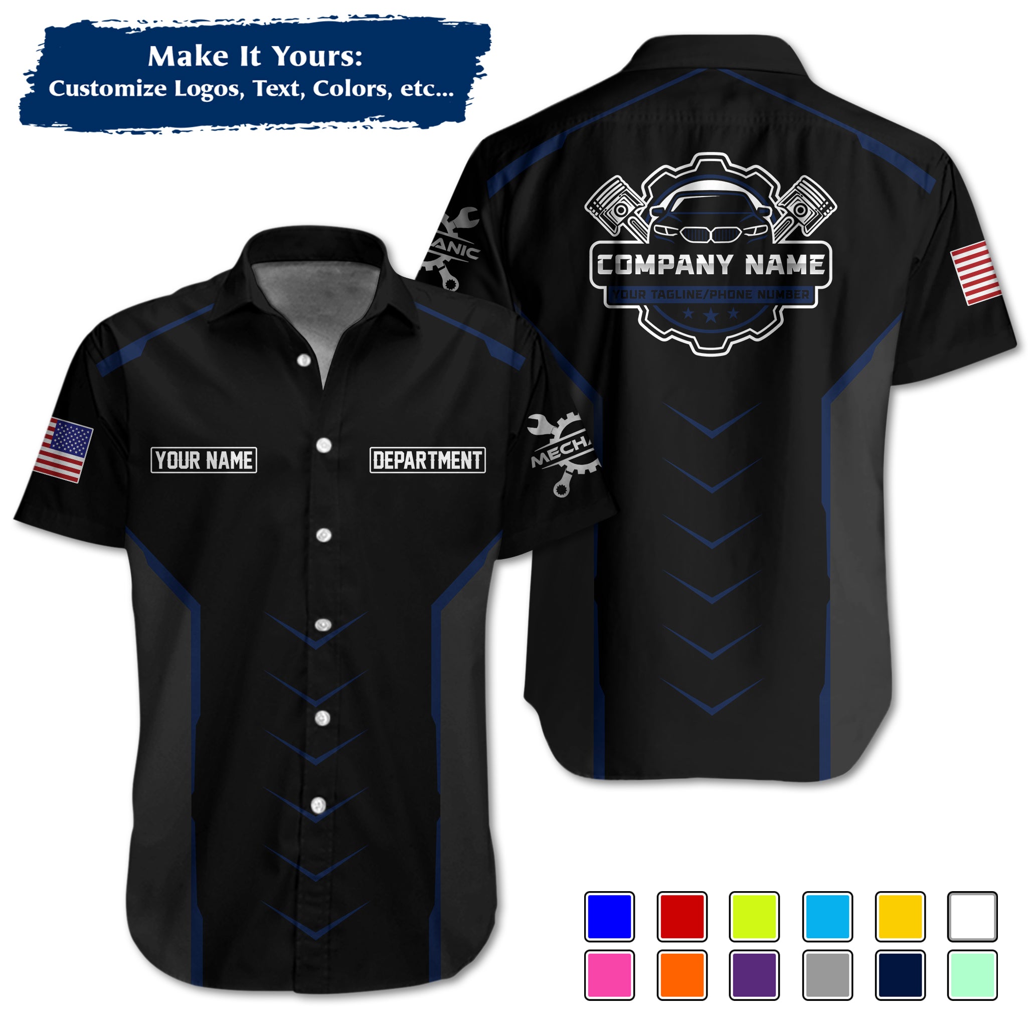 Custom Hawaiian Work Shirt for Auto Mechanics, Add Garage Logo, Name & Contact Info MCNHW35
