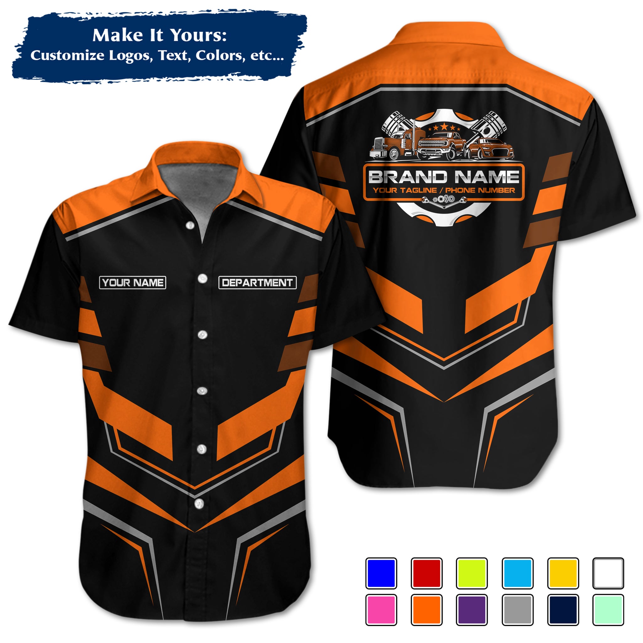 Custom Hawaiian Work Shirt for Auto Mechanics, Add Garage Logo, Name & Contact Info MCNHW05
