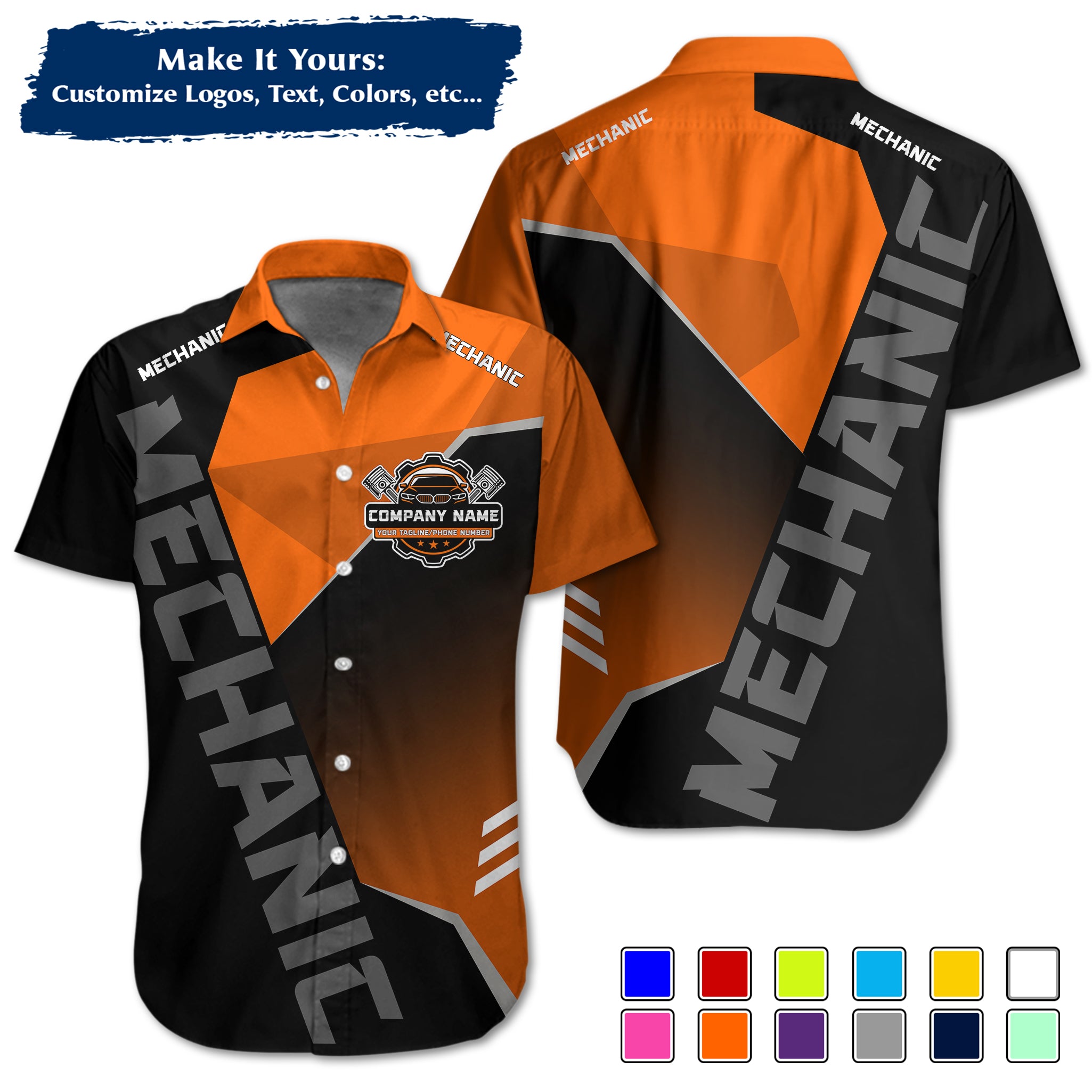 Custom Hawaiian Work Shirt for Auto Mechanics, Add Garage Logo, Name & Contact Info MCNHW21