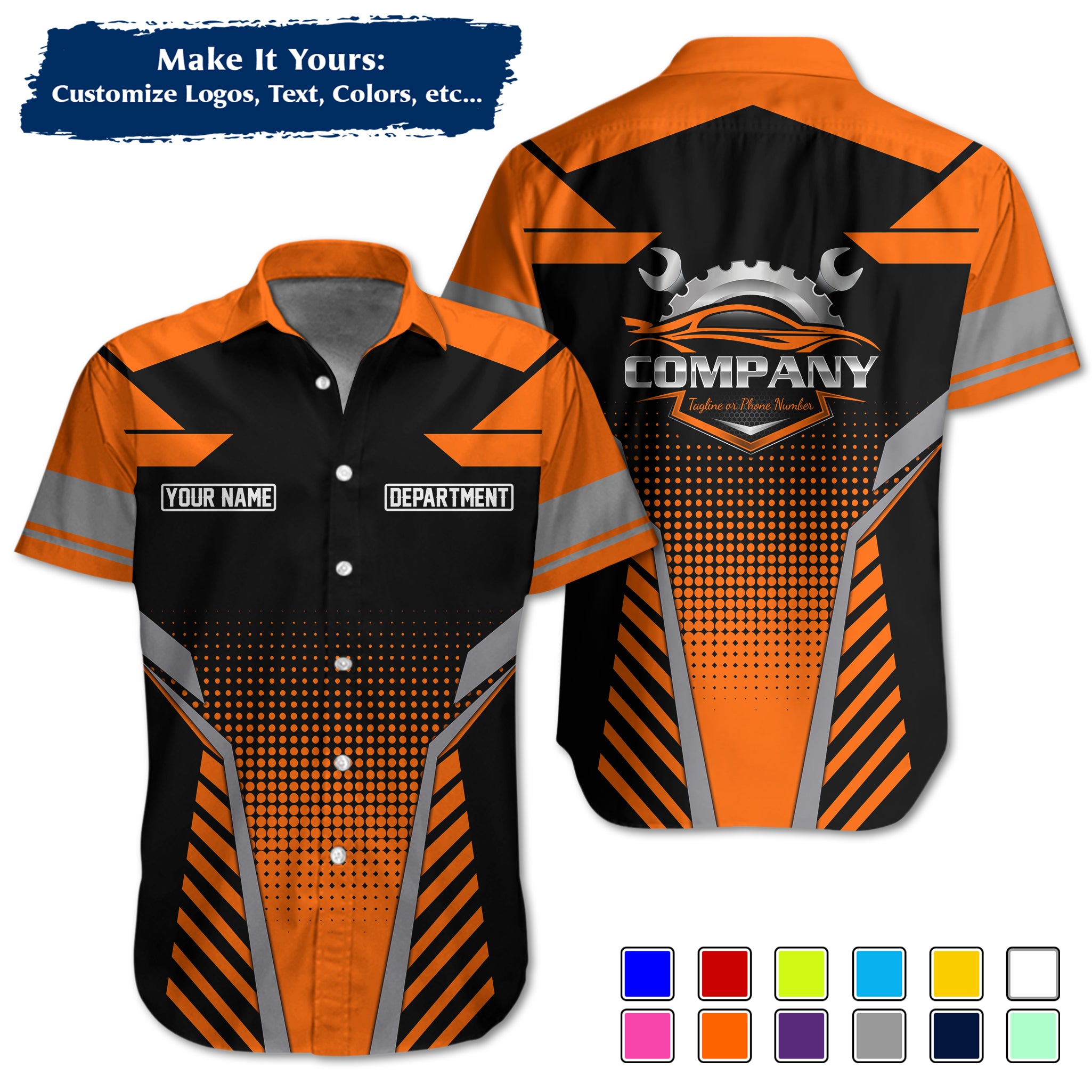 Custom Hawaiian Work Shirt for Auto Mechanics, Add Garage Logo, Name & Contact Info MCNHW11