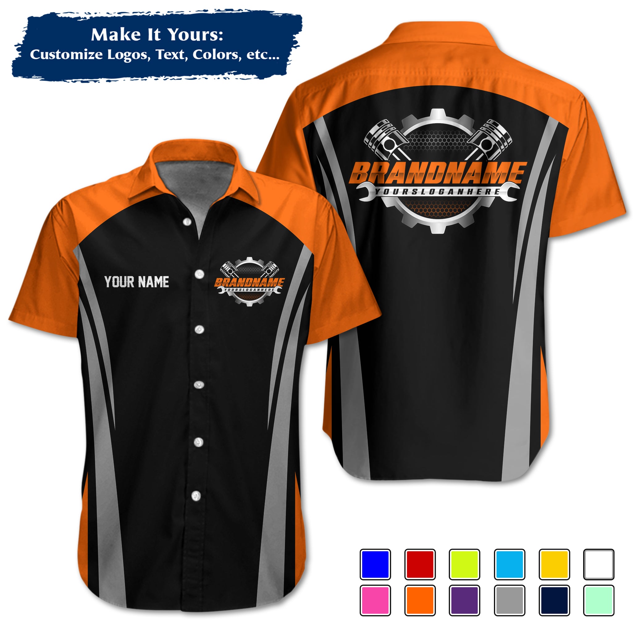Custom Hawaiian Work Shirt for Auto Mechanics, Add Garage Logo, Name & Contact Info MCNHW36
