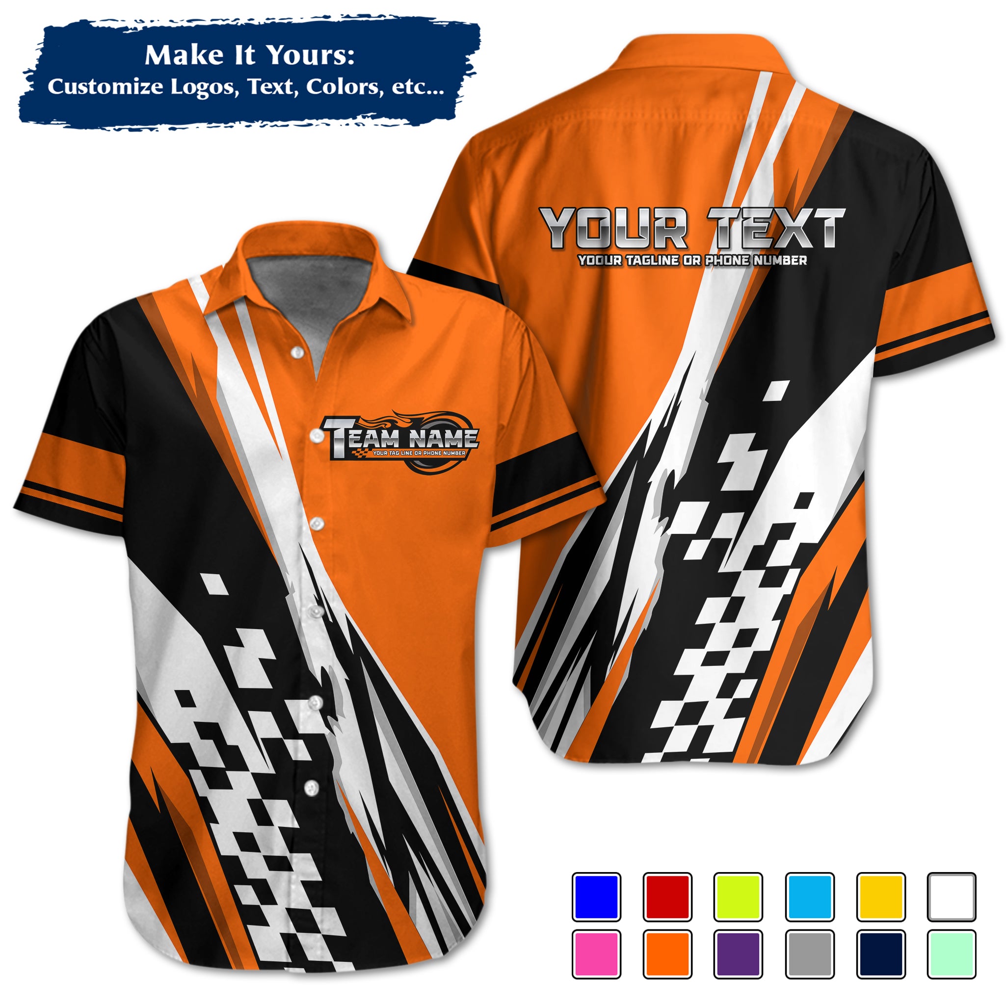 Custom Hawaiian Work Shirt for Race Team Crew Members, Add Team Logo, Name & Contact Info RCHW120
