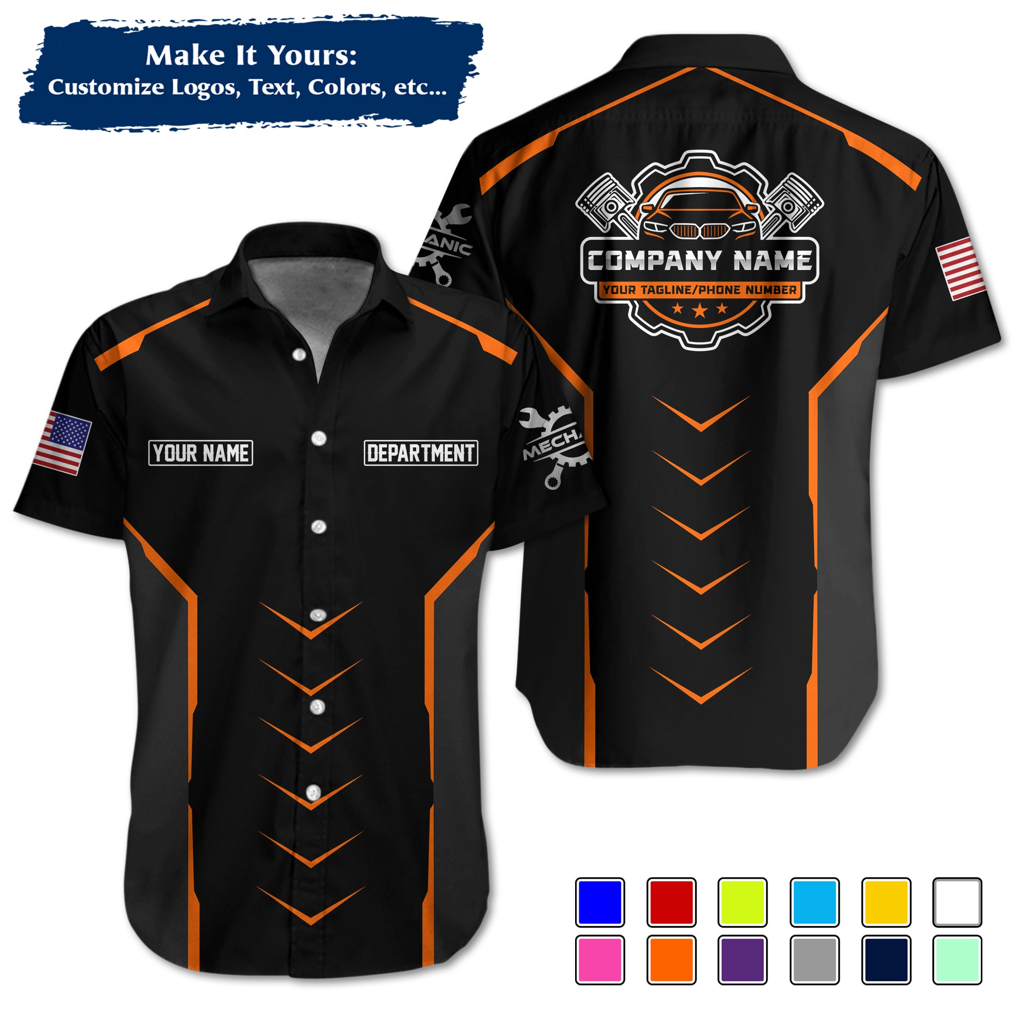 Custom Hawaiian Work Shirt for Auto Mechanics, Add Garage Logo, Name & Contact Info MCNHW35