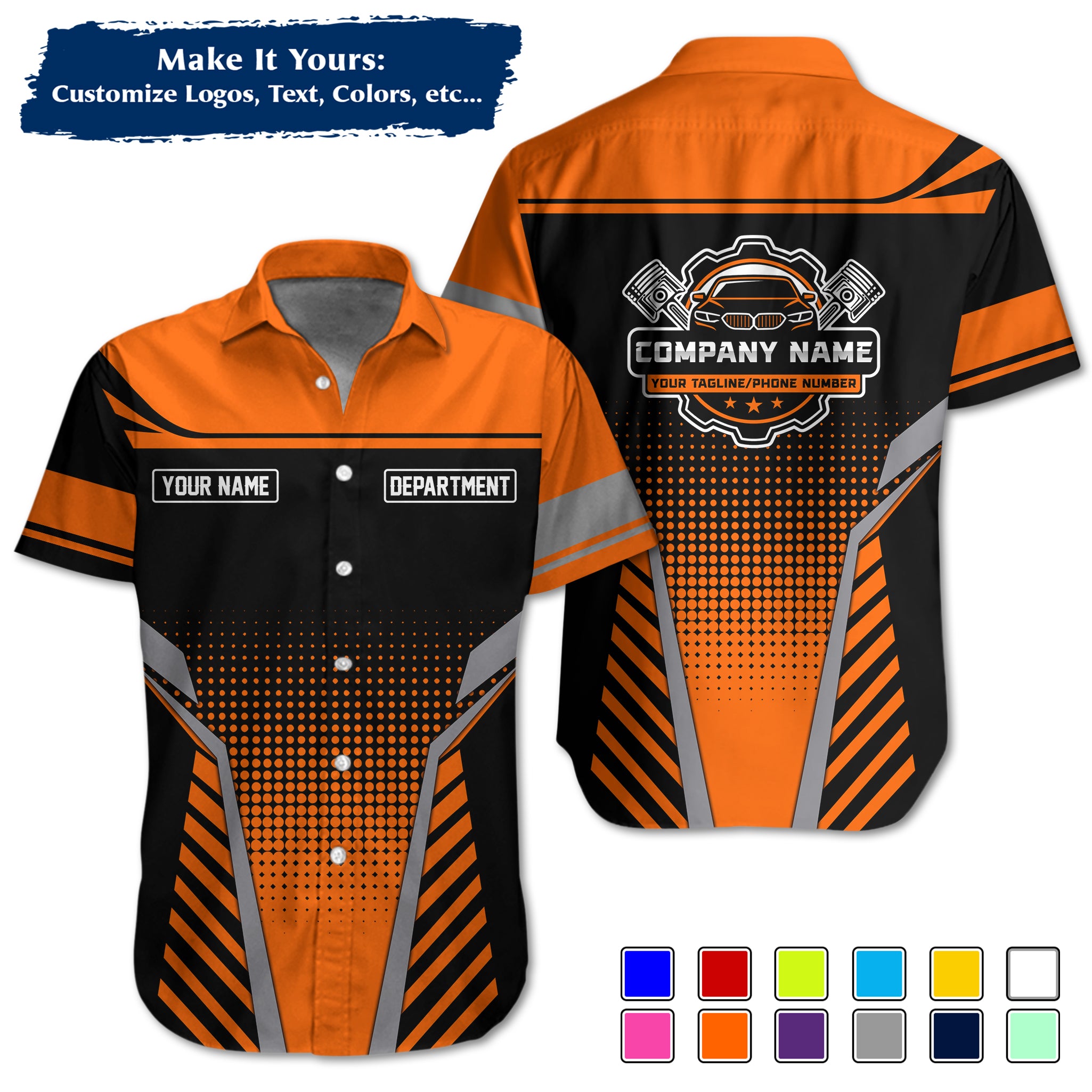 Custom Hawaiian Work Shirt for Auto Mechanics, Add Garage Logo, Name & Contact Info MCNHW10