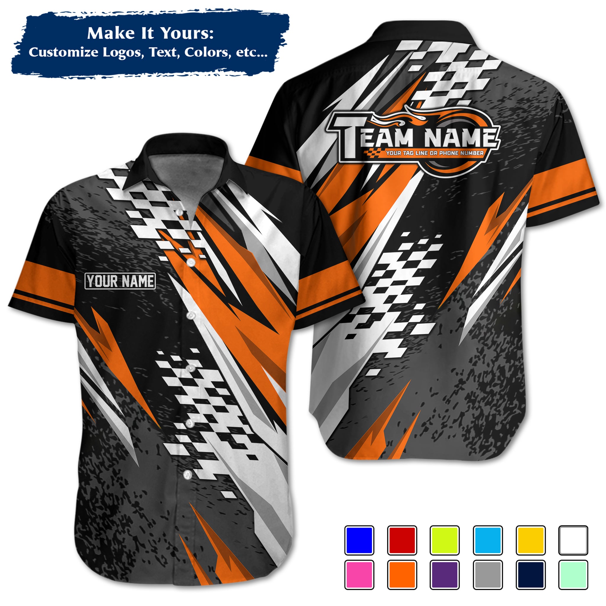 Custom Hawaiian Work Shirt for Race Team Crew Members, Add Team Logo, Name & Contact Info RCHW19