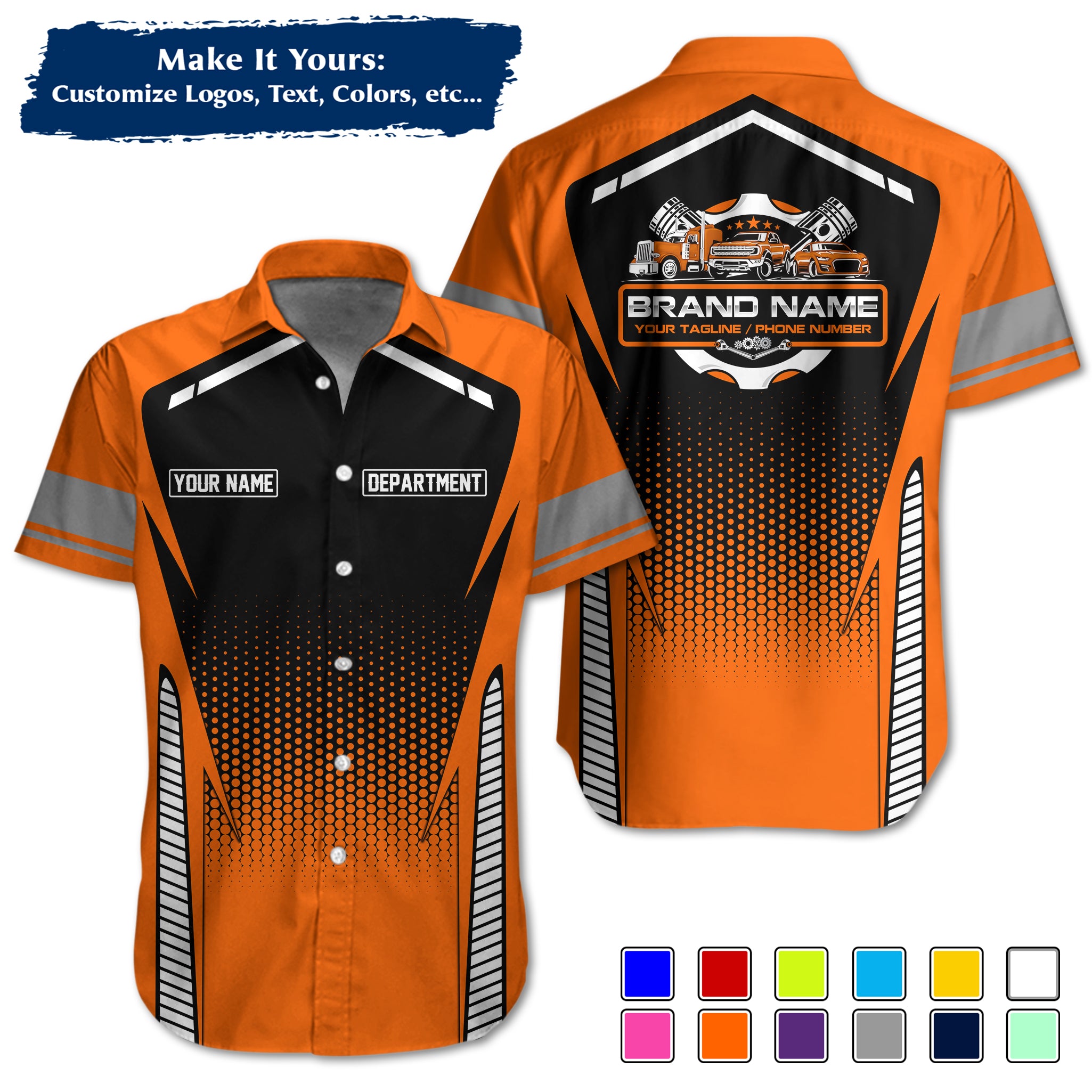 Custom Hawaiian Work Shirt for Auto Mechanics, Add Garage Logo, Name & Contact Info MCNHW15