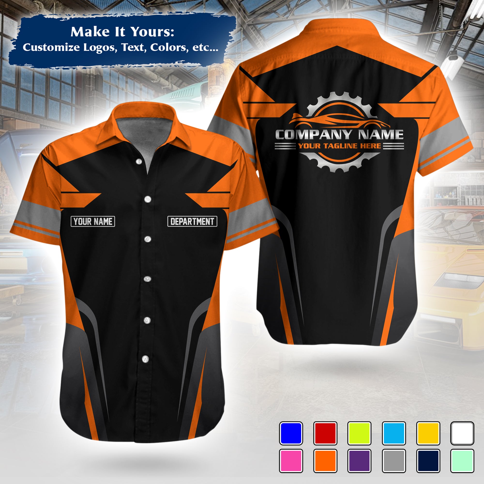 Custom Hawaiian Work Shirt for Auto Mechanics, Add Garage Logo, Name & Contact Info MCNHW01