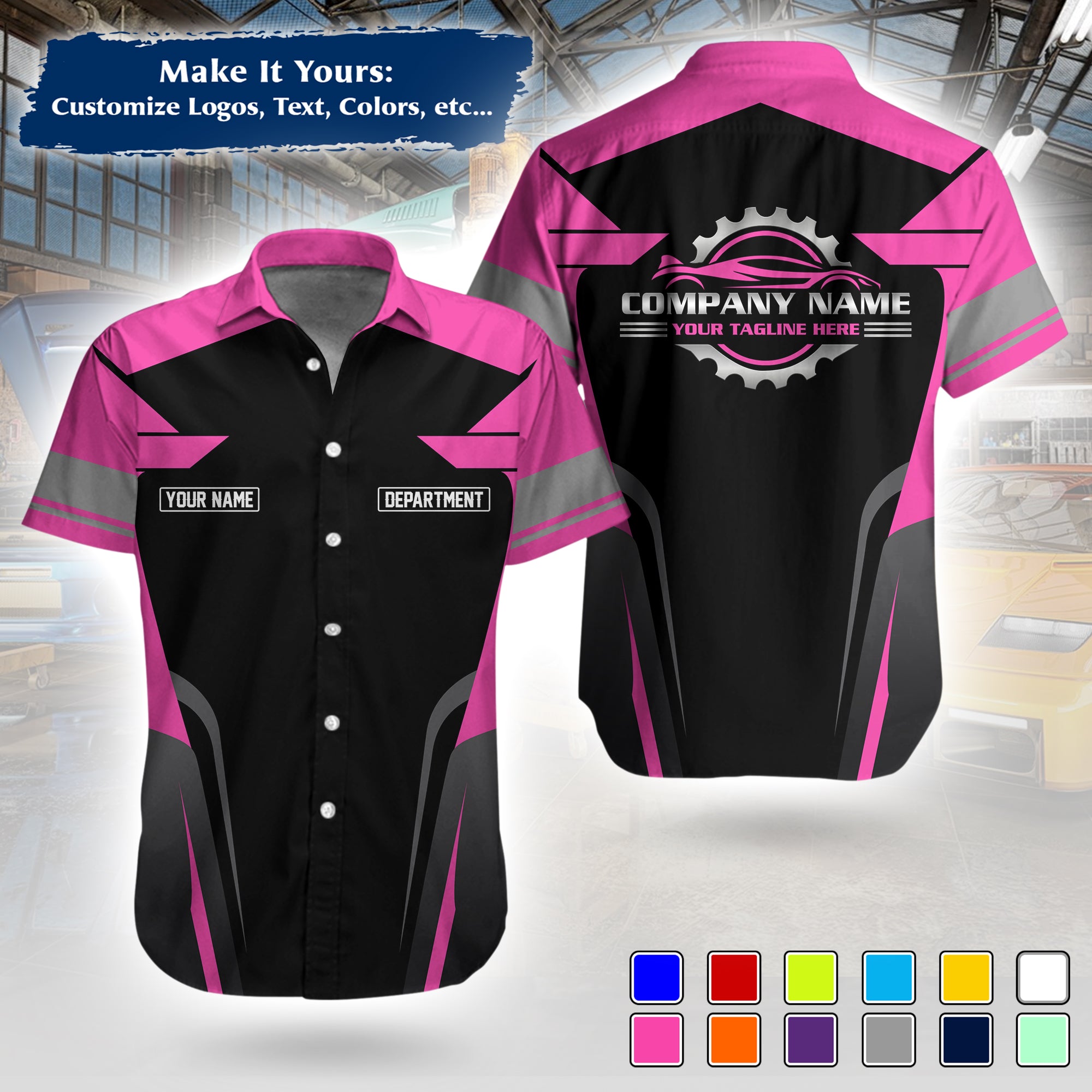Custom Hawaiian Work Shirt for Auto Mechanics, Add Garage Logo, Name & Contact Info MCNHW01