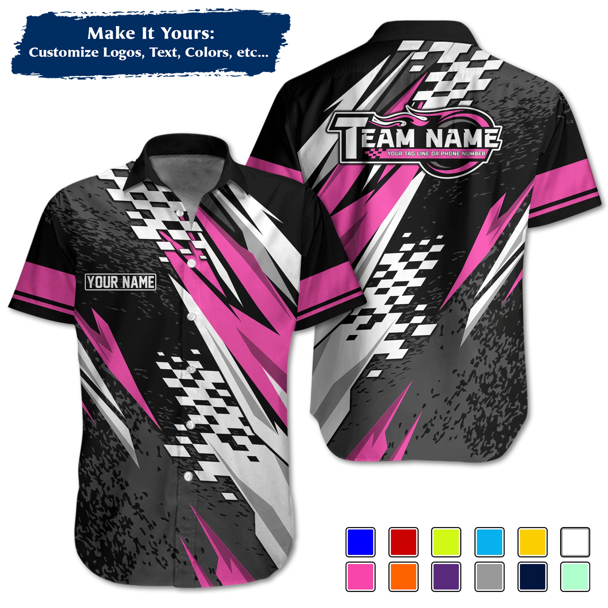 Custom Hawaiian Work Shirt for Race Team Crew Members, Add Team Logo, Name & Contact Info RCHW19