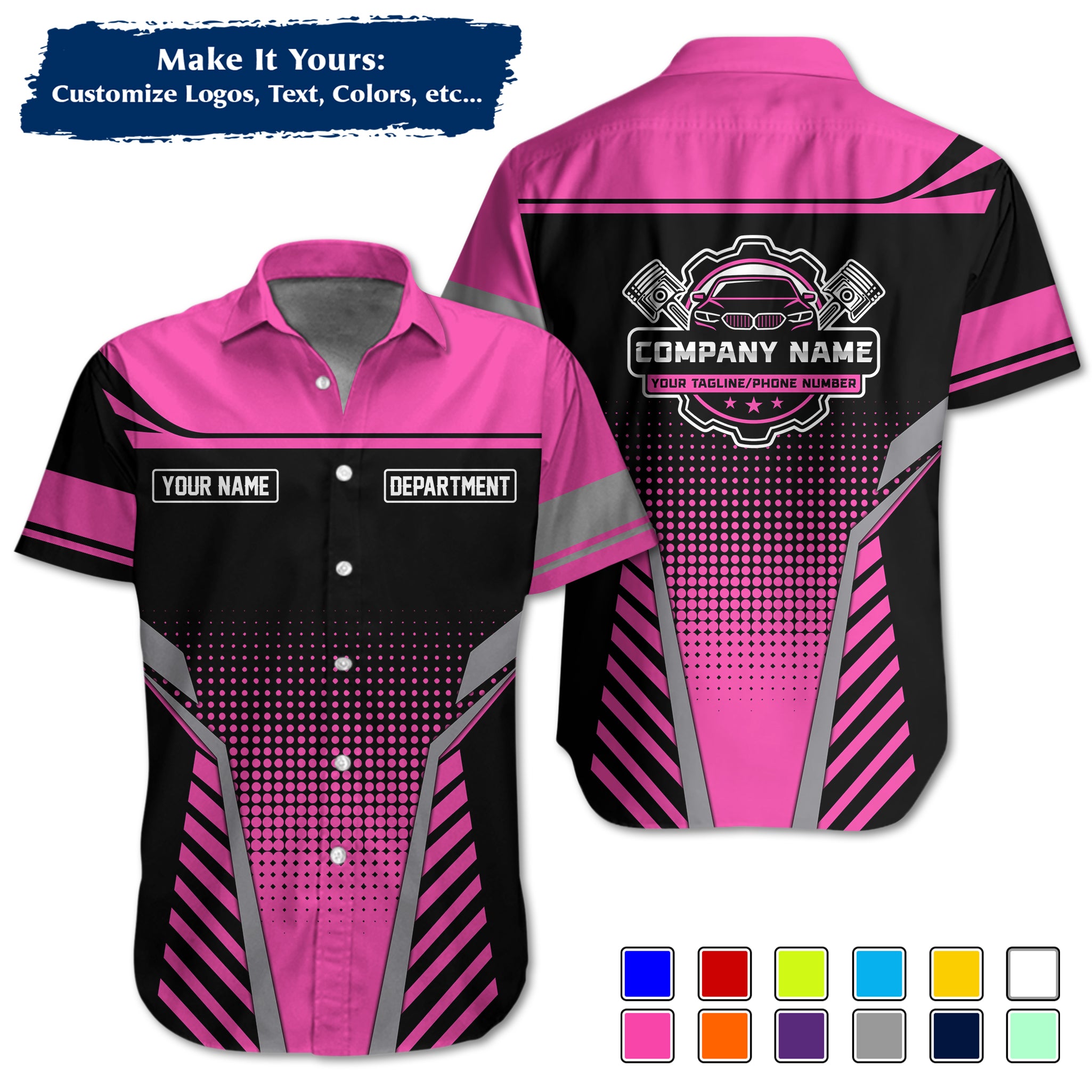 Custom Hawaiian Work Shirt for Auto Mechanics, Add Garage Logo, Name & Contact Info MCNHW10