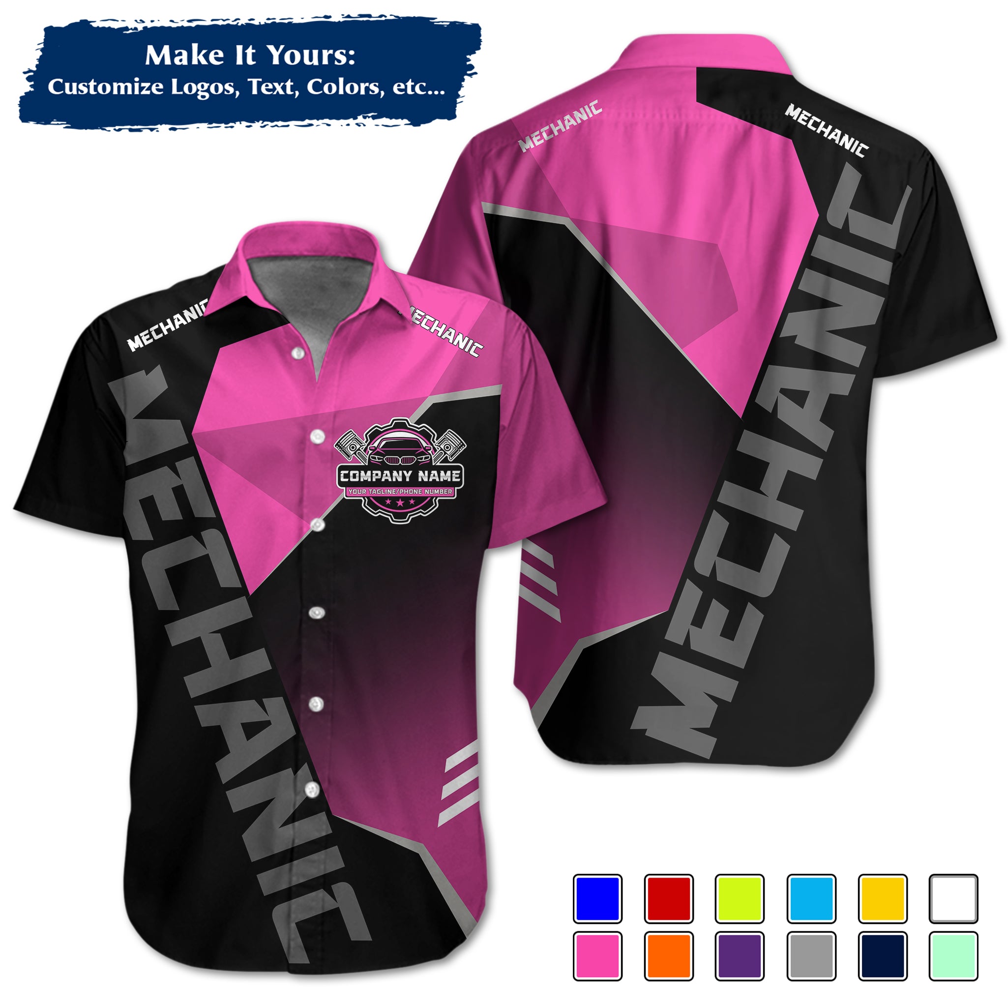 Custom Hawaiian Work Shirt for Auto Mechanics, Add Garage Logo, Name & Contact Info MCNHW21