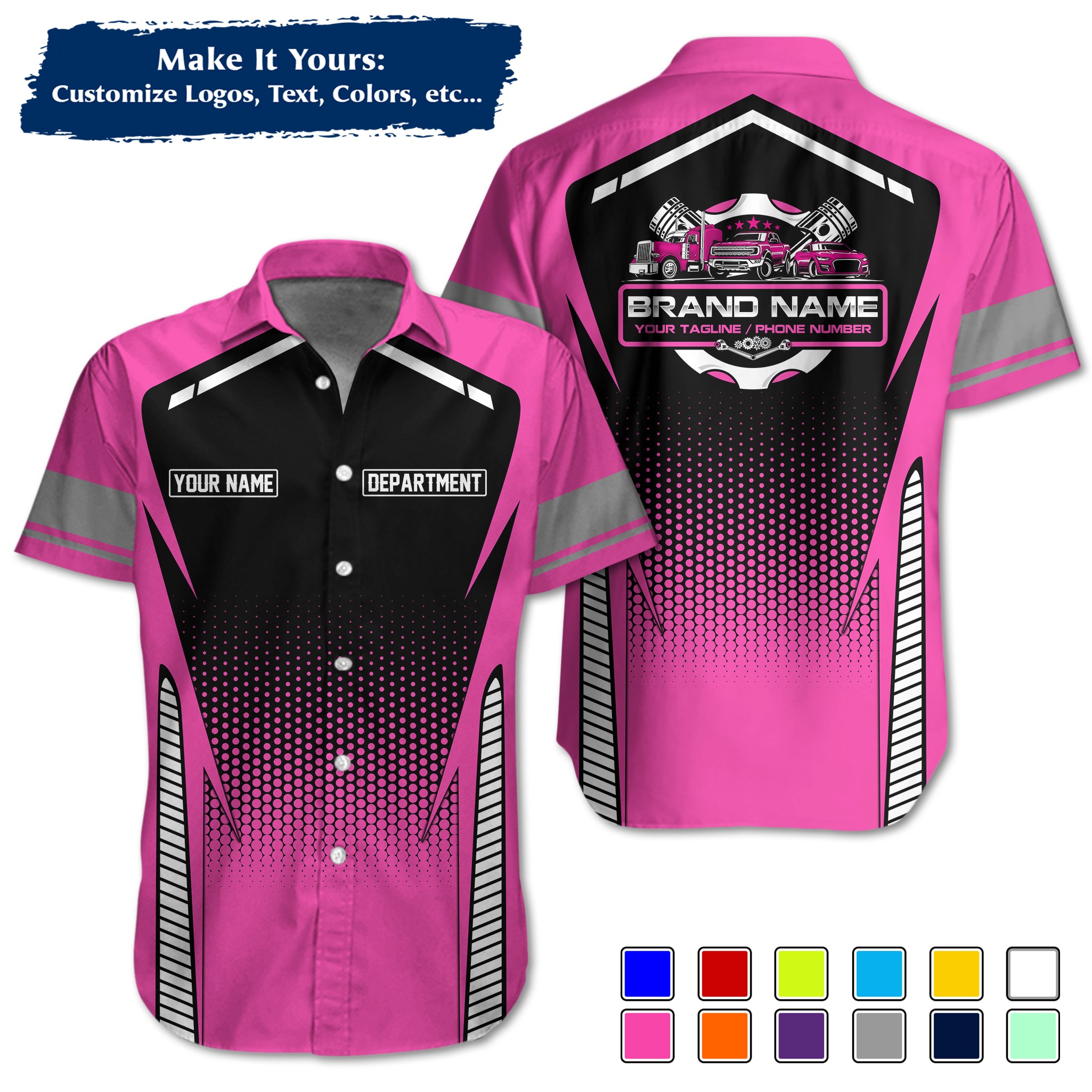 Custom Hawaiian Work Shirt for Auto Mechanics, Add Garage Logo, Name & Contact Info MCNHW15
