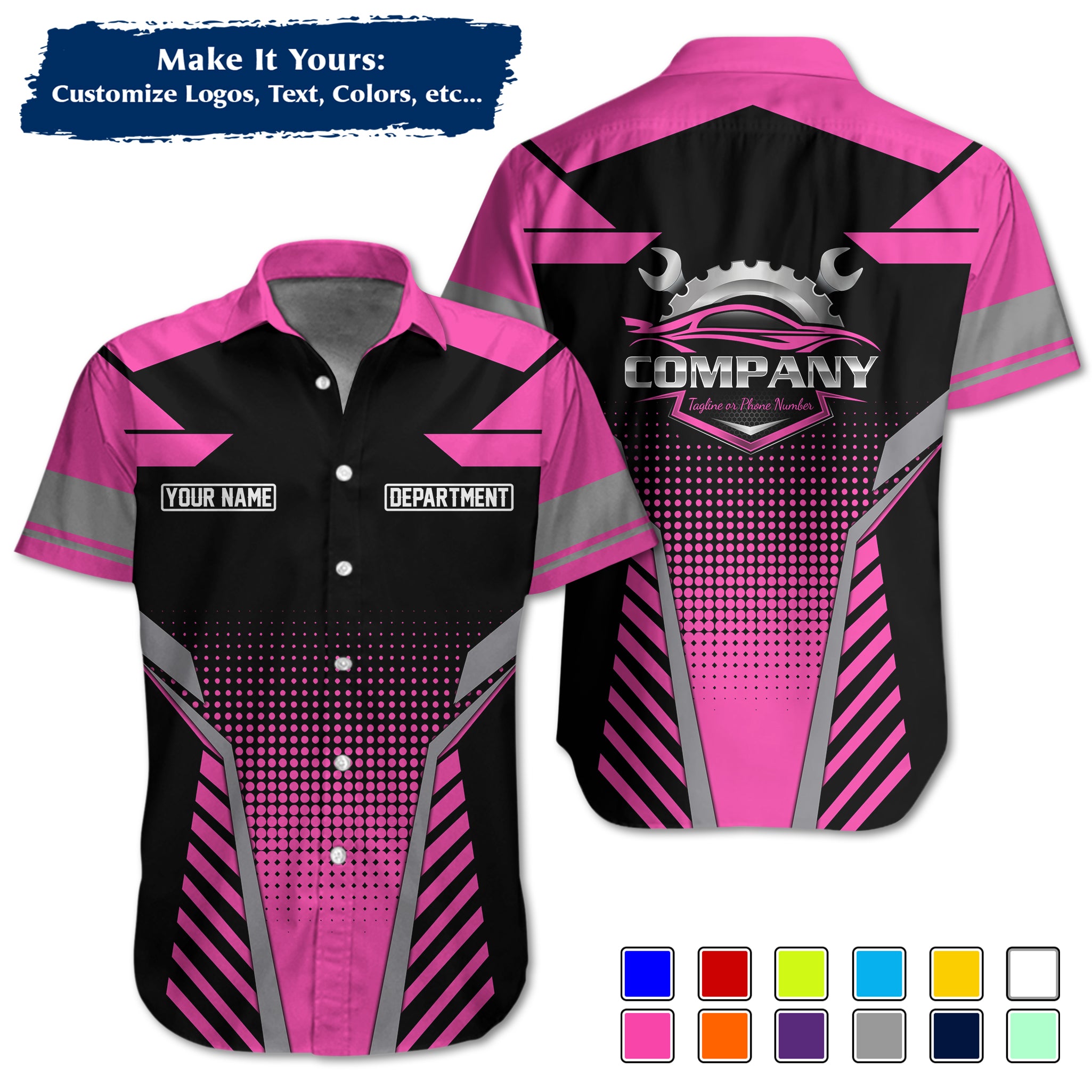 Custom Hawaiian Work Shirt for Auto Mechanics, Add Garage Logo, Name & Contact Info MCNHW11