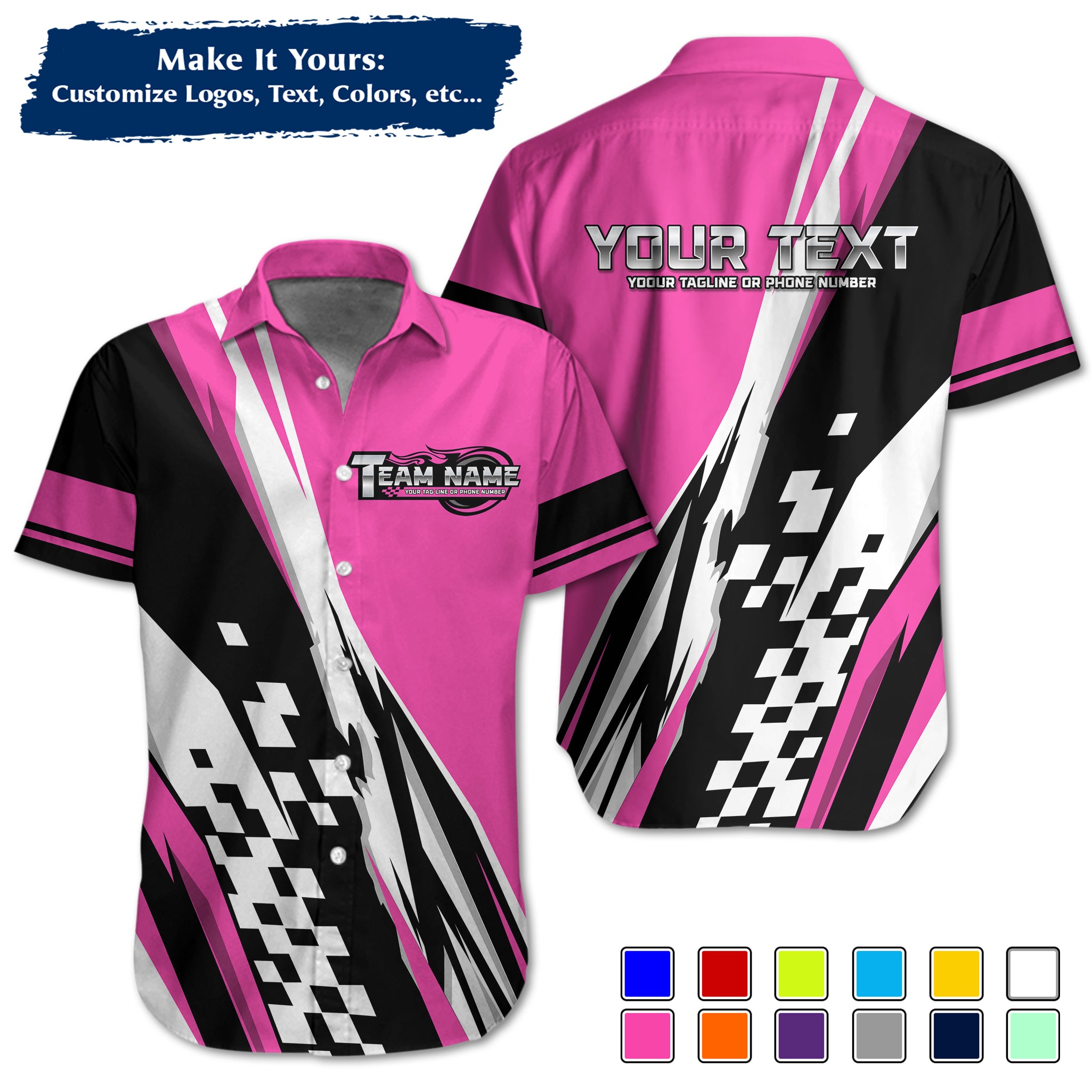 Custom Hawaiian Work Shirt for Race Team Crew Members, Add Team Logo, Name & Contact Info RCHW120