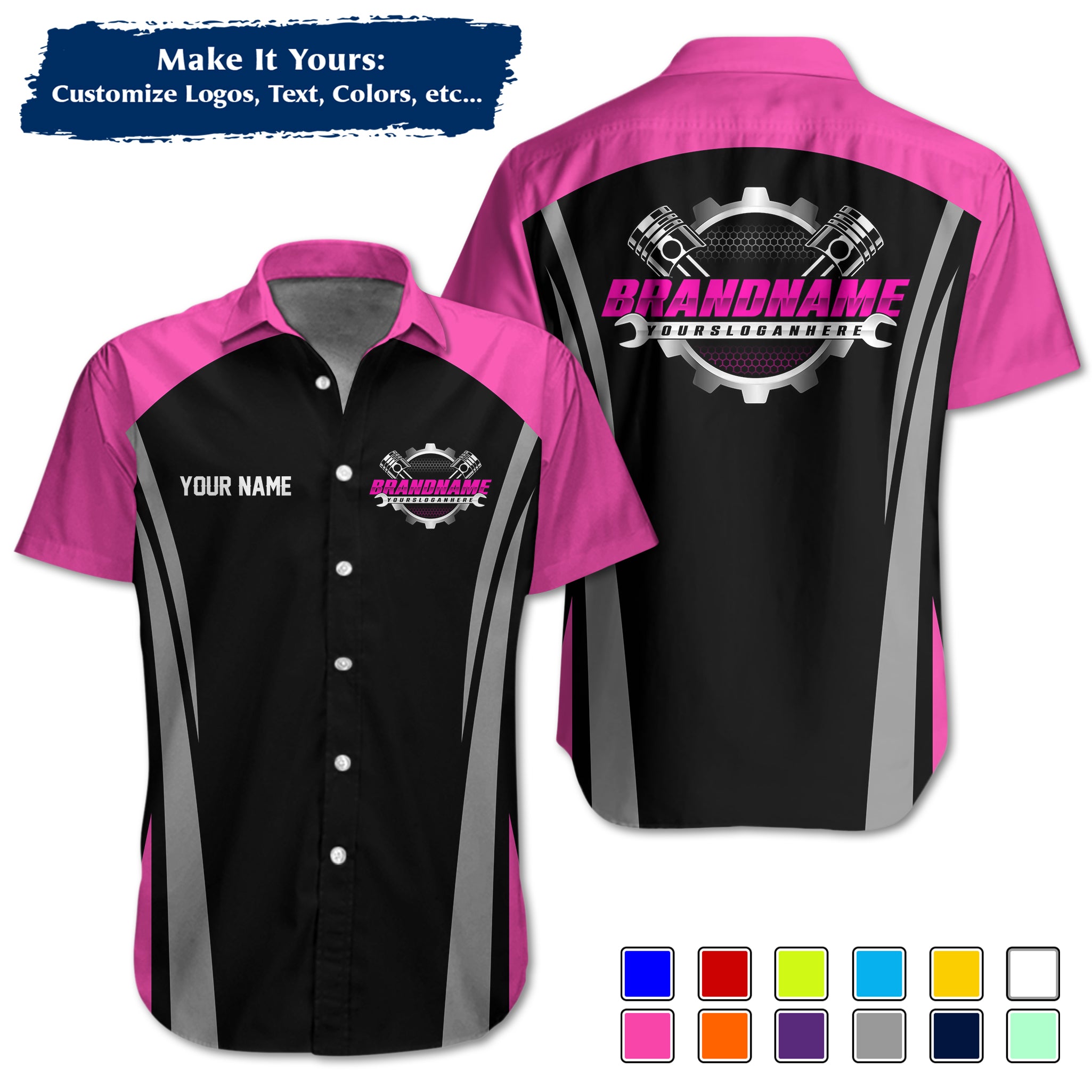 Custom Hawaiian Work Shirt for Auto Mechanics, Add Garage Logo, Name & Contact Info MCNHW36