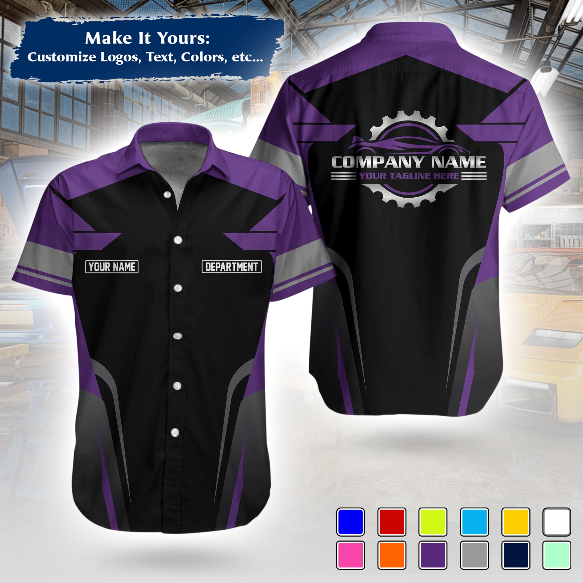 Custom Hawaiian Work Shirt for Auto Mechanics, Add Garage Logo, Name & Contact Info MCNHW01