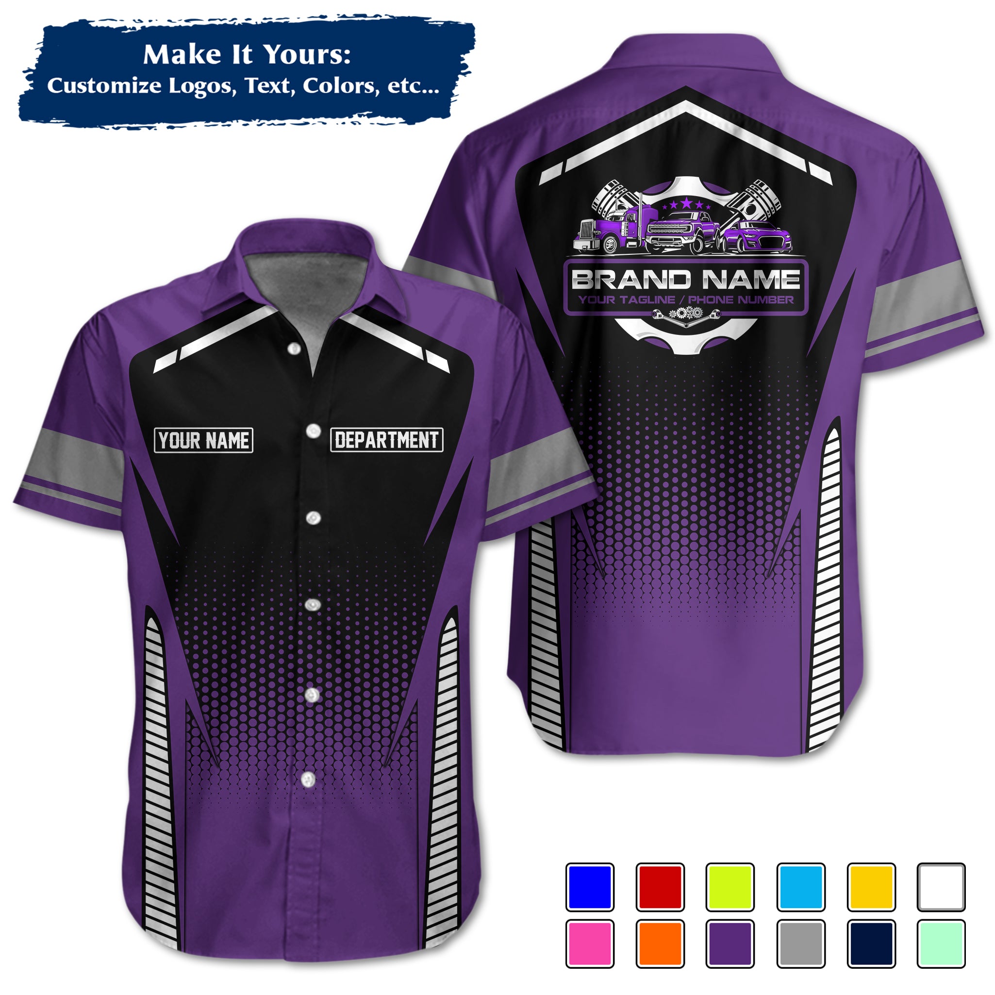 Custom Hawaiian Work Shirt for Auto Mechanics, Add Garage Logo, Name & Contact Info MCNHW15