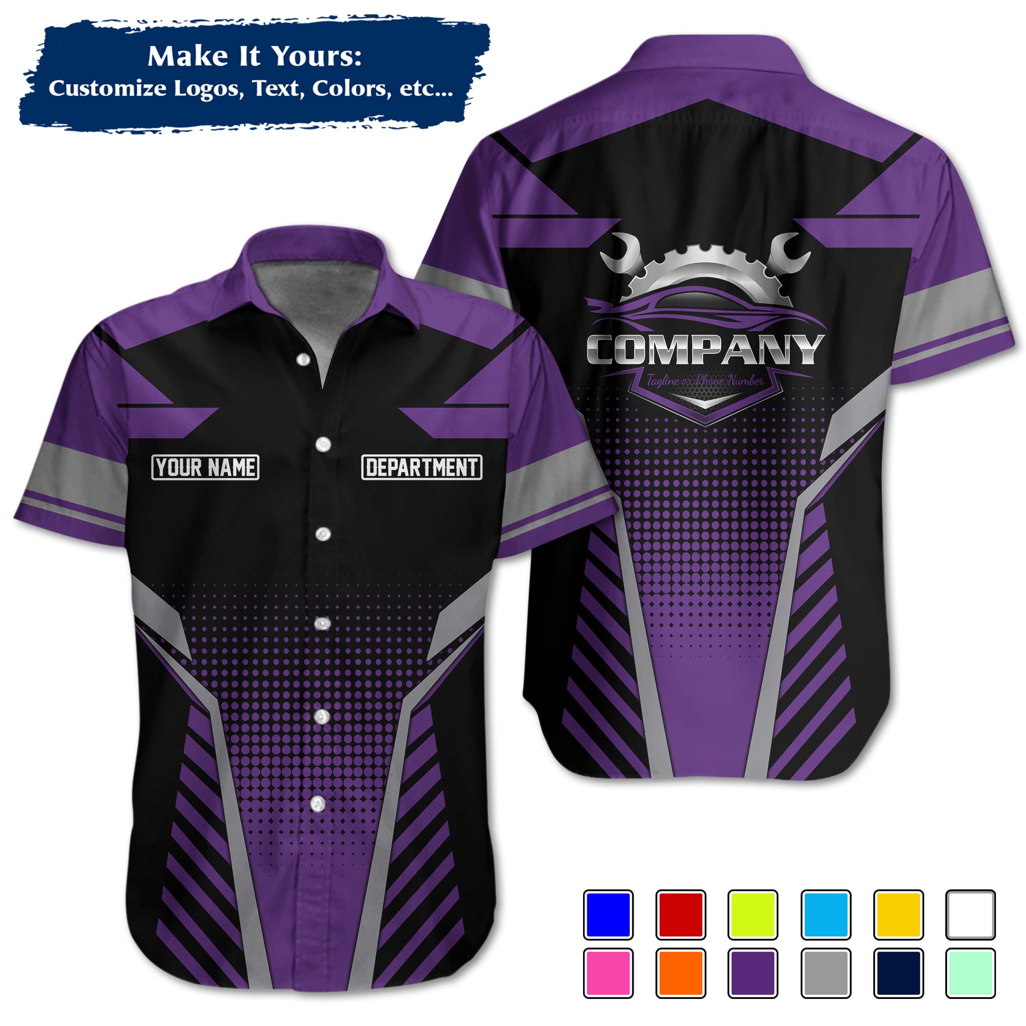 Custom Hawaiian Work Shirt for Auto Mechanics, Add Garage Logo, Name & Contact Info MCNHW11