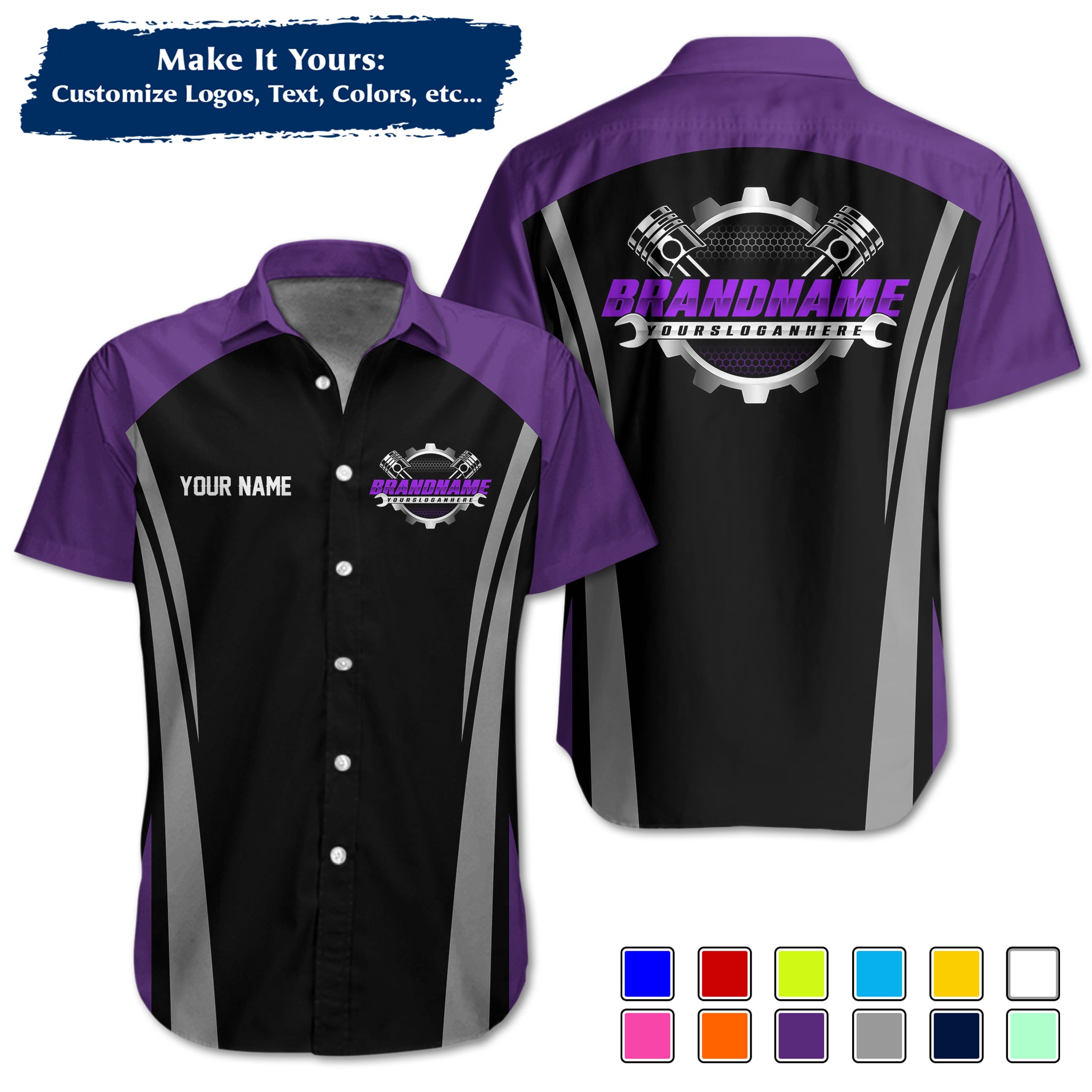 Custom Hawaiian Work Shirt for Auto Mechanics, Add Garage Logo, Name & Contact Info MCNHW36