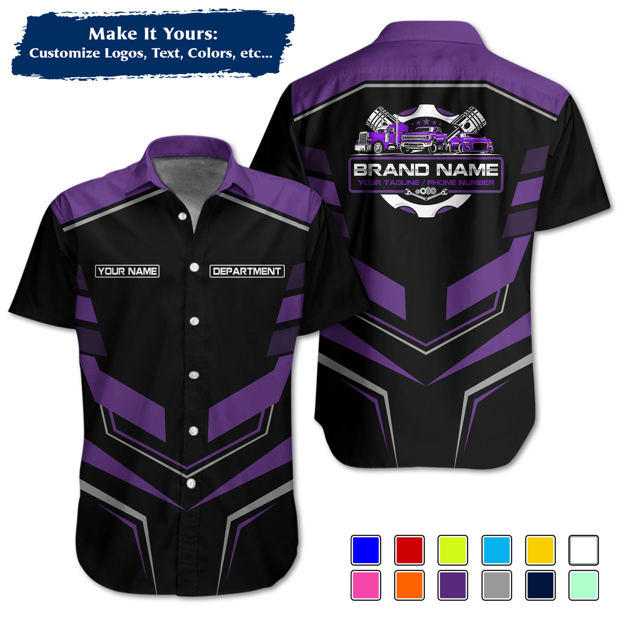 Custom Hawaiian Work Shirt for Auto Mechanics, Add Garage Logo, Name & Contact Info MCNHW05