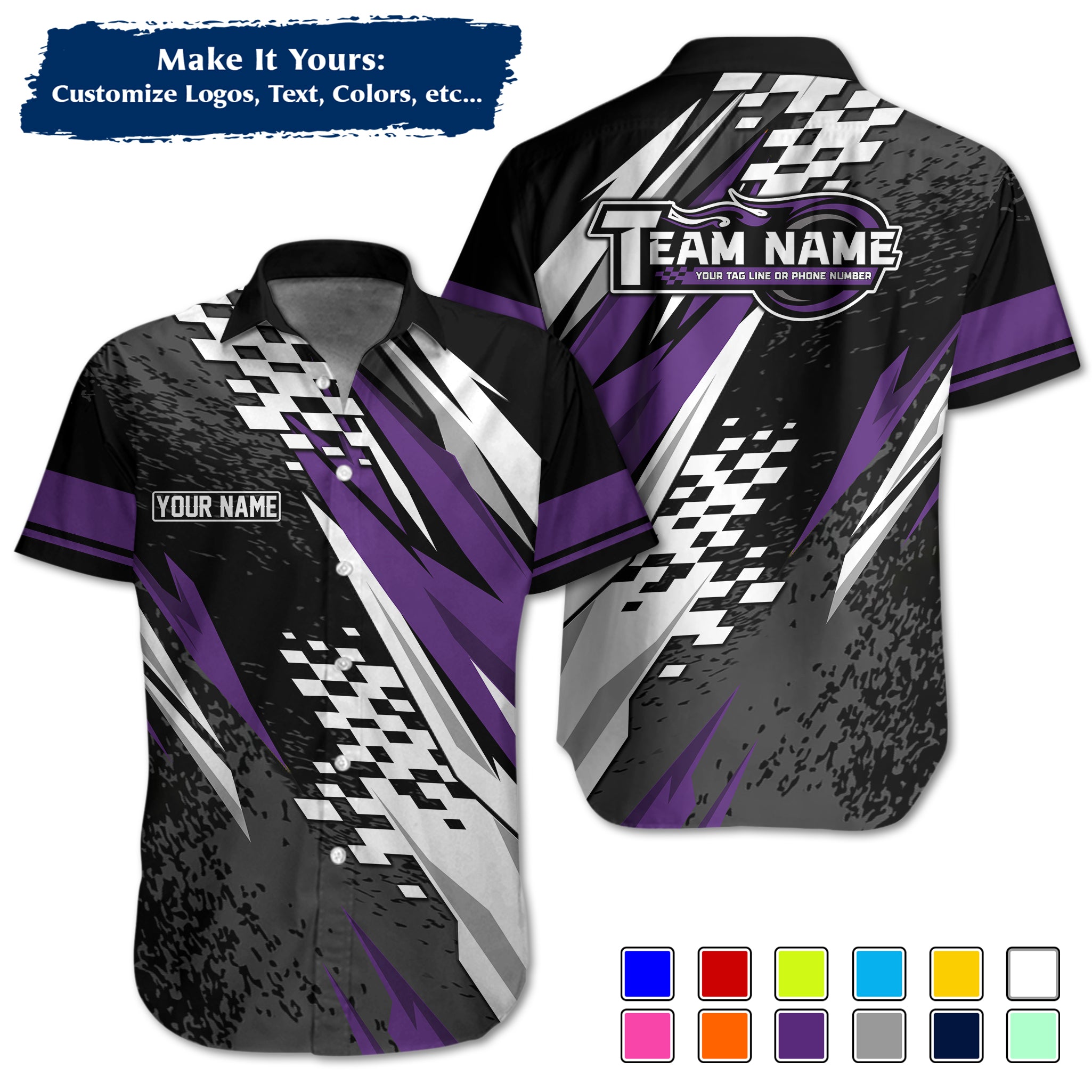 Custom Hawaiian Work Shirt for Race Team Crew Members, Add Team Logo, Name & Contact Info RCHW19