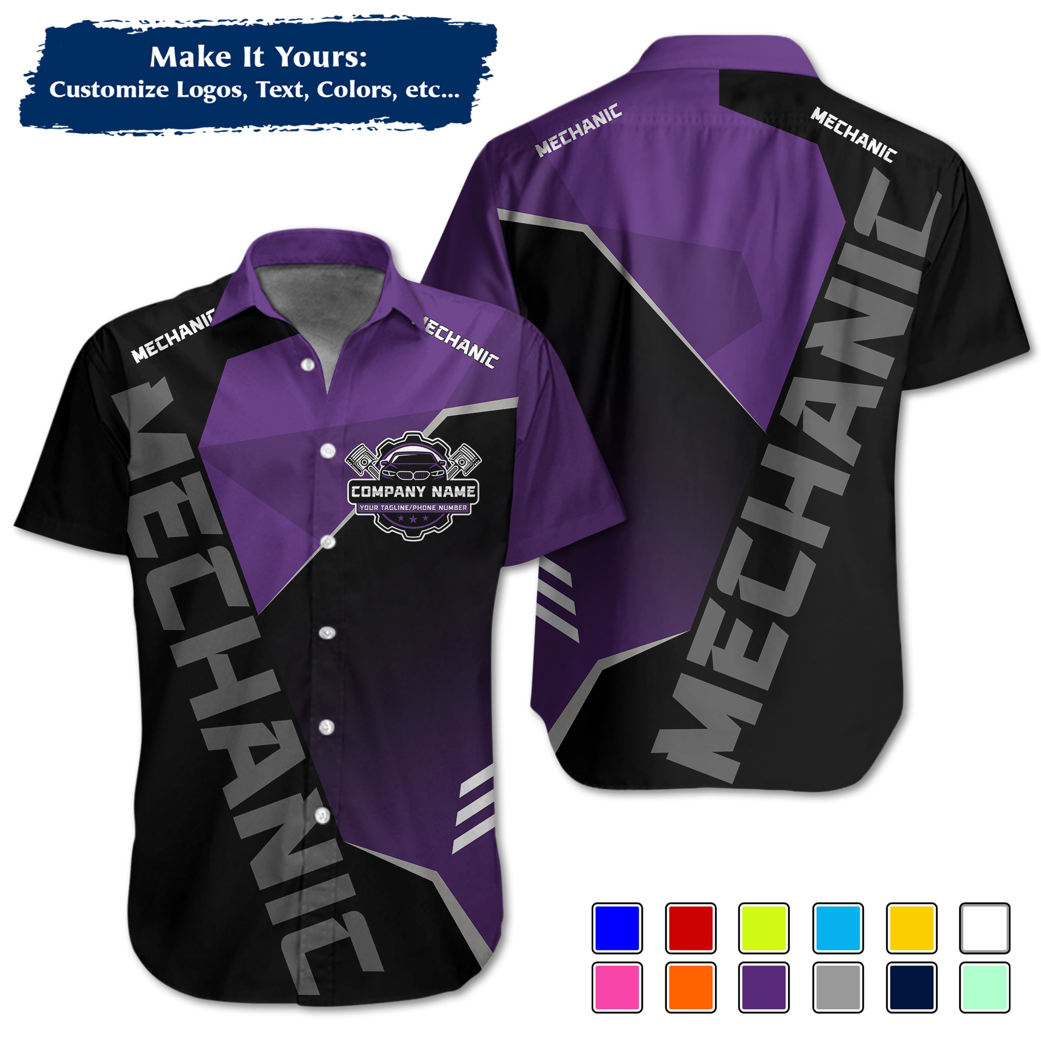 Custom Hawaiian Work Shirt for Auto Mechanics, Add Garage Logo, Name & Contact Info MCNHW21