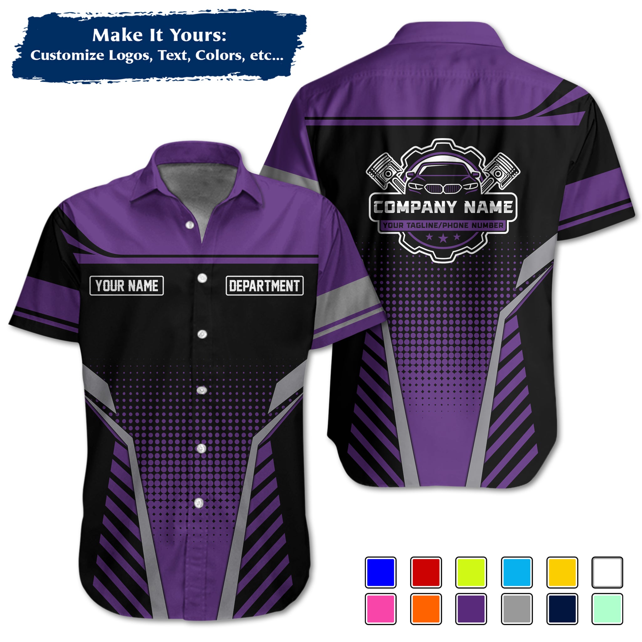 Custom Hawaiian Work Shirt for Auto Mechanics, Add Garage Logo, Name & Contact Info MCNHW10