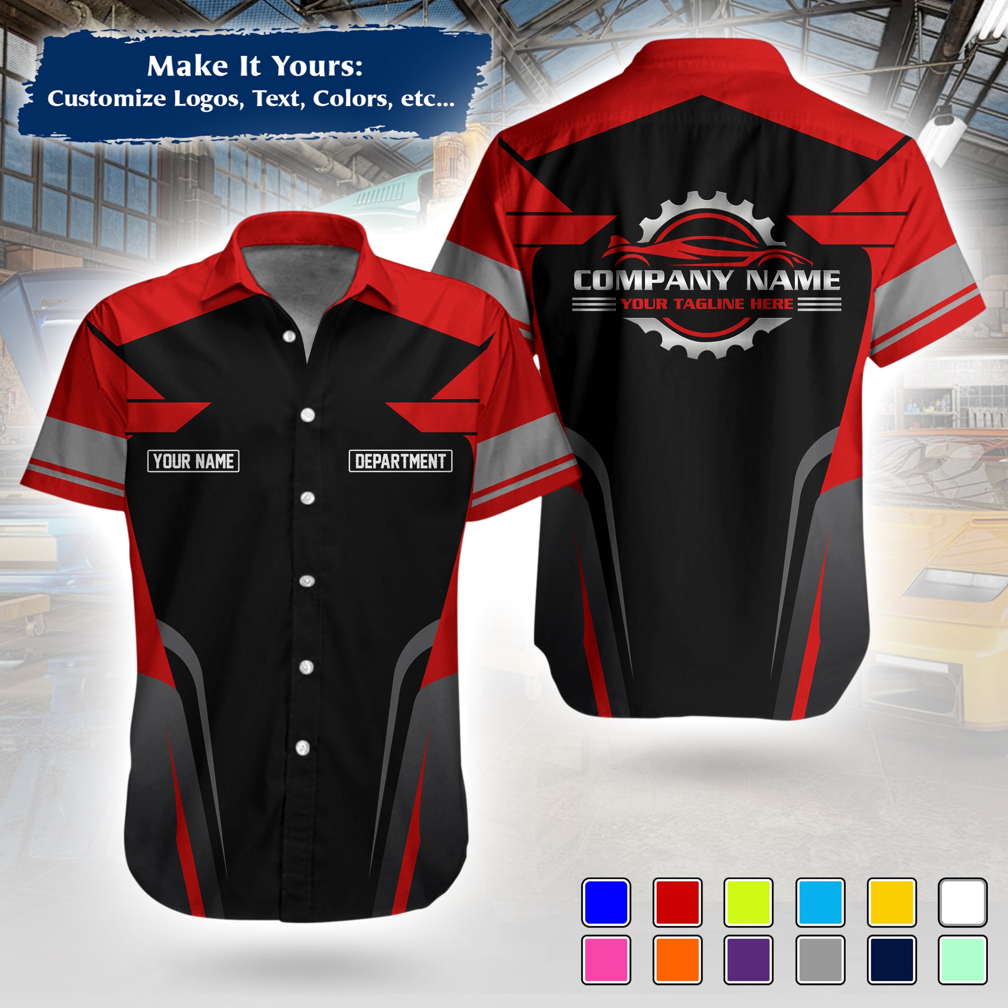 Custom Hawaiian Work Shirt for Auto Mechanics, Add Garage Logo, Name & Contact Info MCNHW01