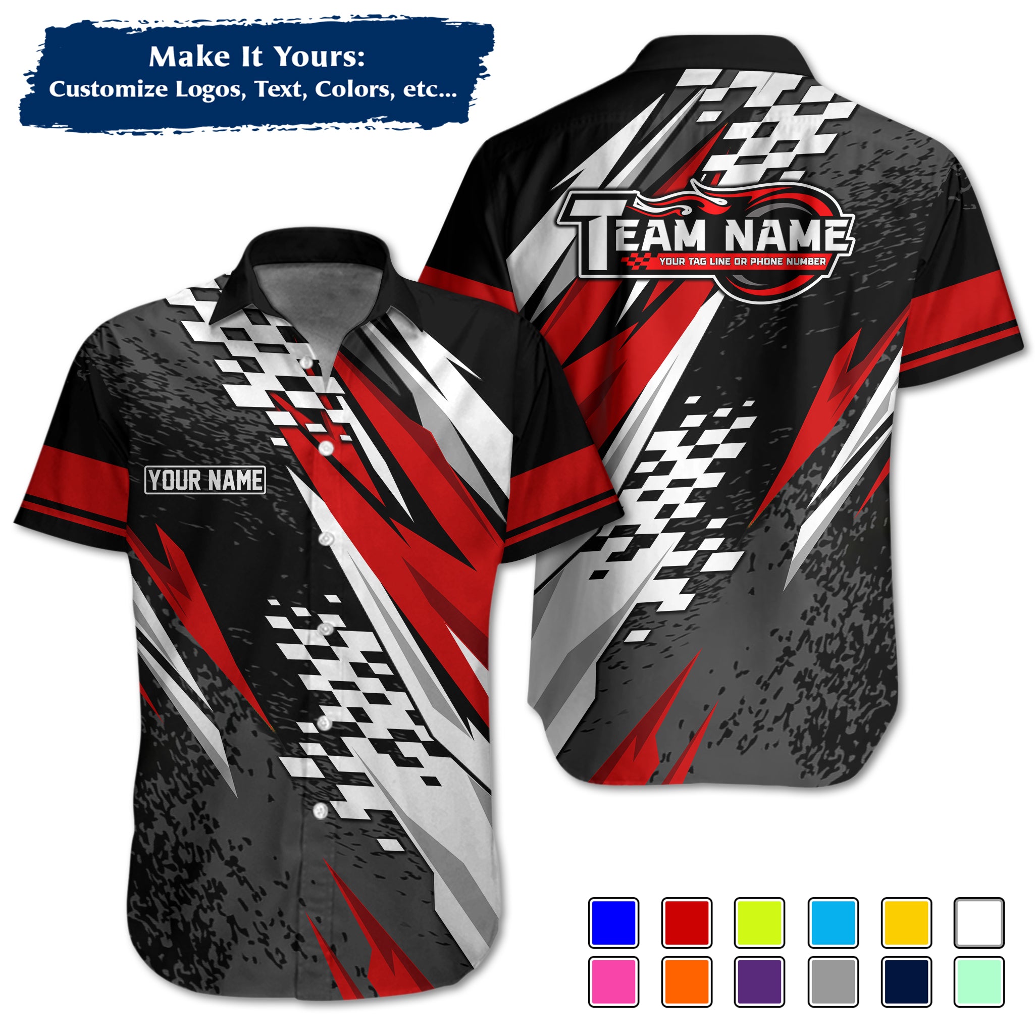 Custom Hawaiian Work Shirt for Race Team Crew Members, Add Team Logo, Name & Contact Info RCHW19