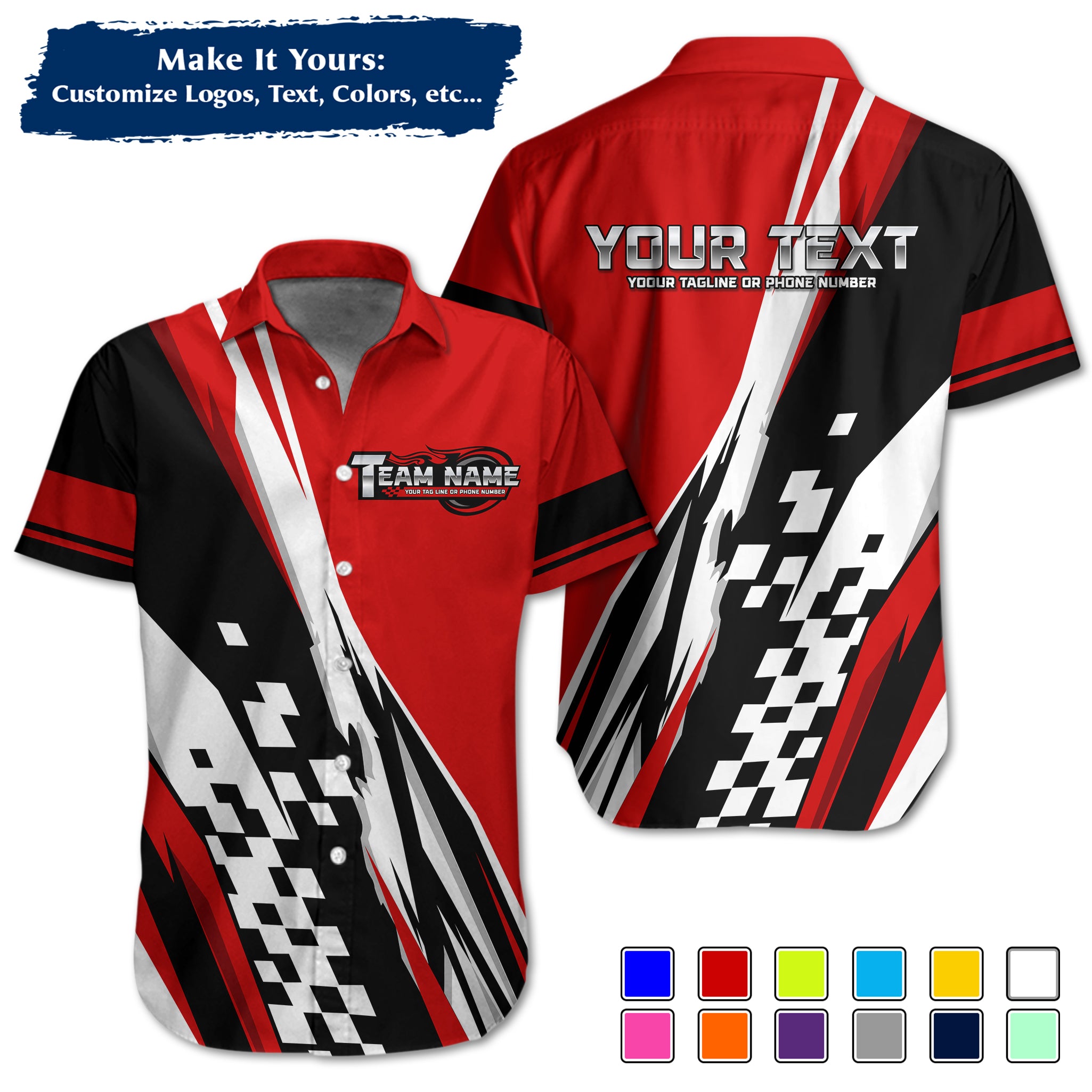 Custom Hawaiian Work Shirt for Race Team Crew Members, Add Team Logo, Name & Contact Info RCHW120