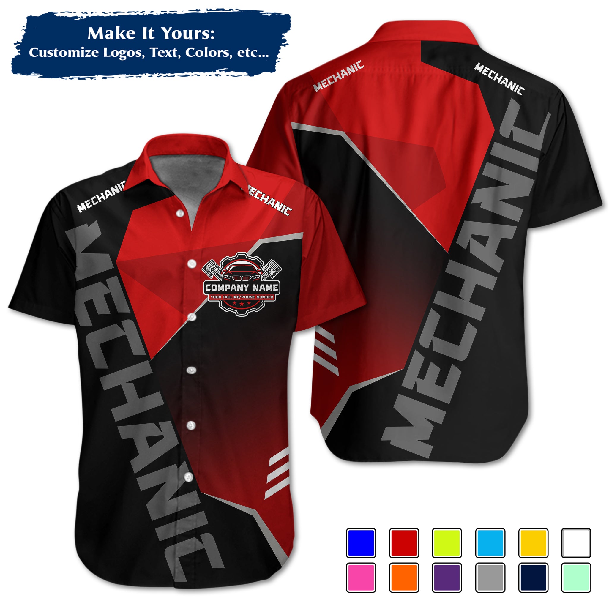 Custom Hawaiian Work Shirt for Auto Mechanics, Add Garage Logo, Name & Contact Info MCNHW21