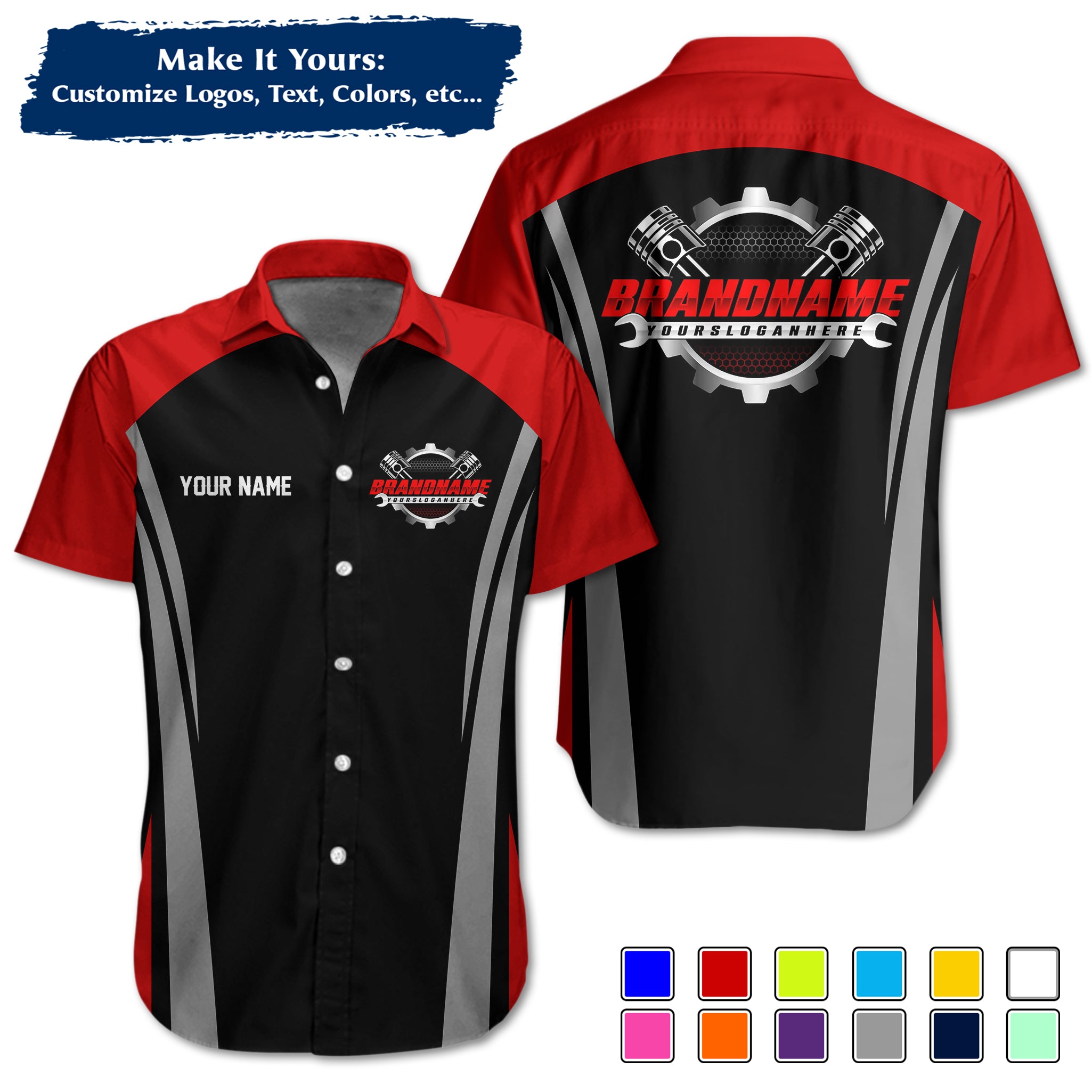 Custom Hawaiian Work Shirt for Auto Mechanics, Add Garage Logo, Name & Contact Info MCNHW36