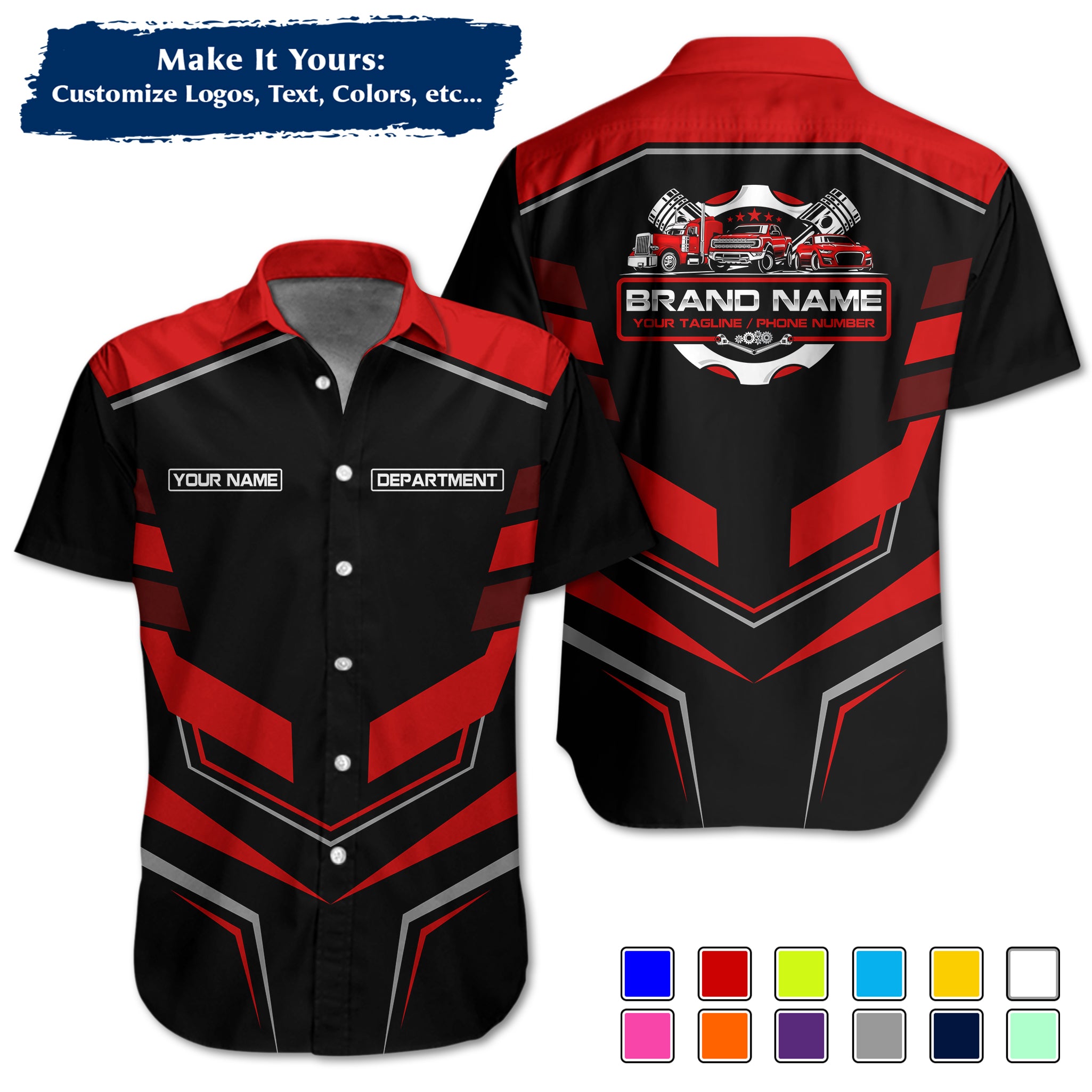 Custom Hawaiian Work Shirt for Auto Mechanics, Add Garage Logo, Name & Contact Info MCNHW05