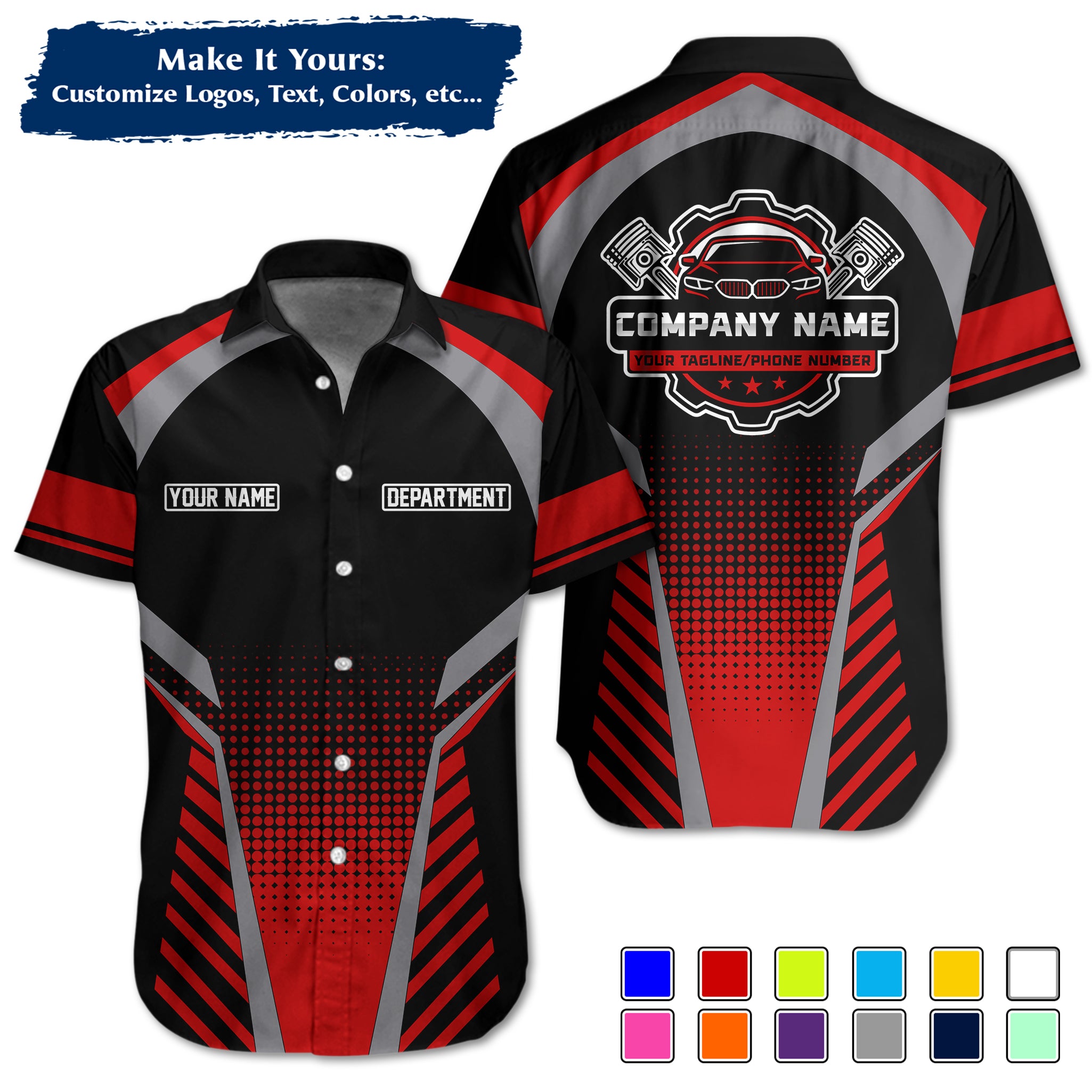 Custom Hawaiian Work Shirt for Auto Mechanics, Add Garage Logo, Name & Contact Info MCNHW14