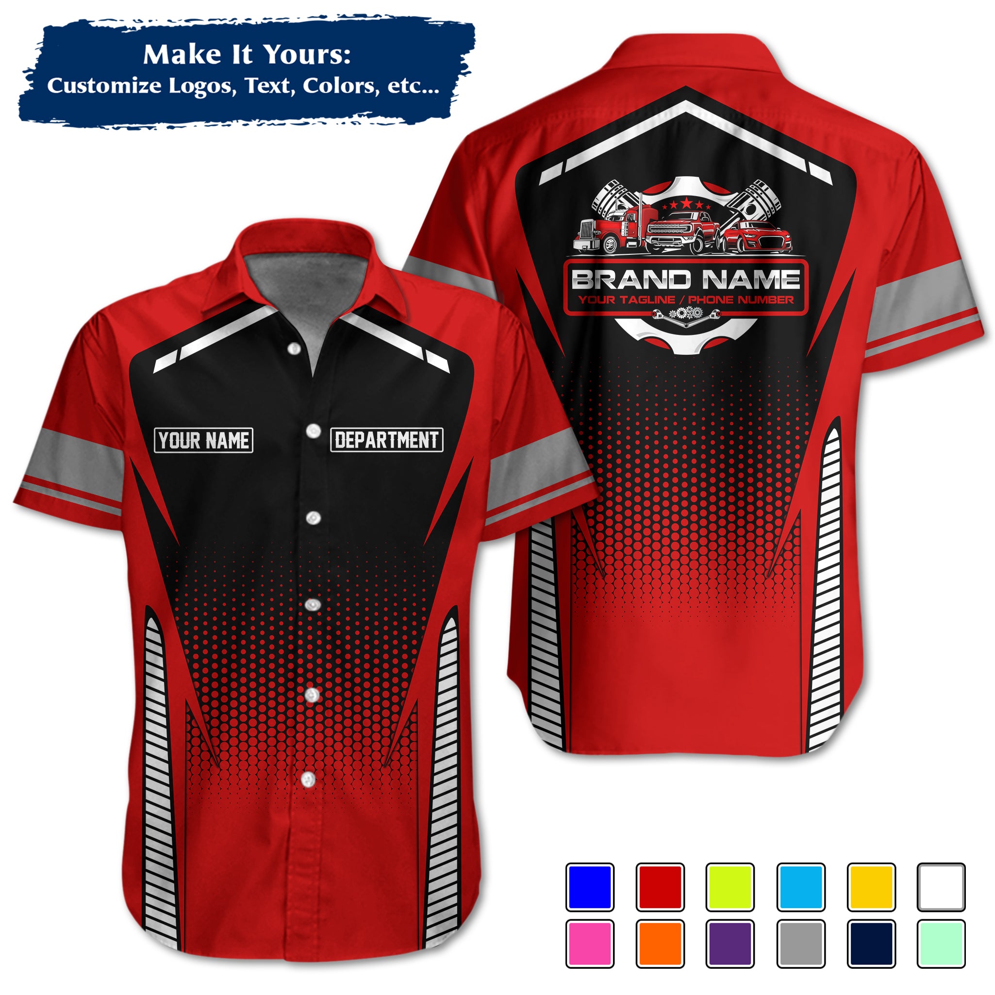 Custom Hawaiian Work Shirt for Auto Mechanics, Add Garage Logo, Name & Contact Info MCNHW15