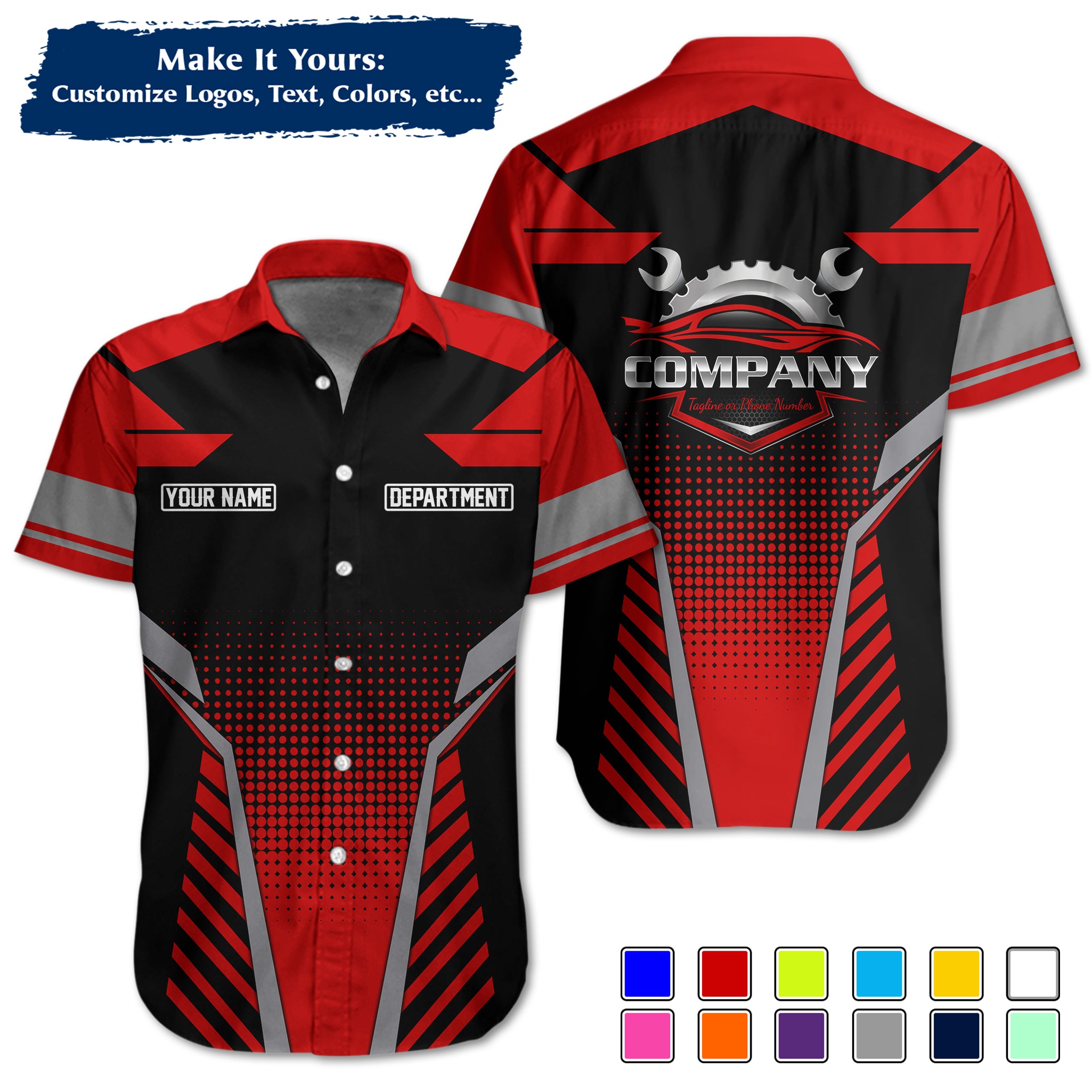 Custom Hawaiian Work Shirt for Auto Mechanics, Add Garage Logo, Name & Contact Info MCNHW11