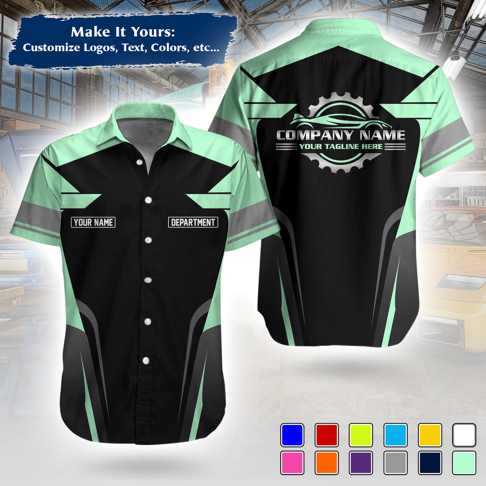 Custom Hawaiian Work Shirt for Auto Mechanics, Add Garage Logo, Name & Contact Info MCNHW01