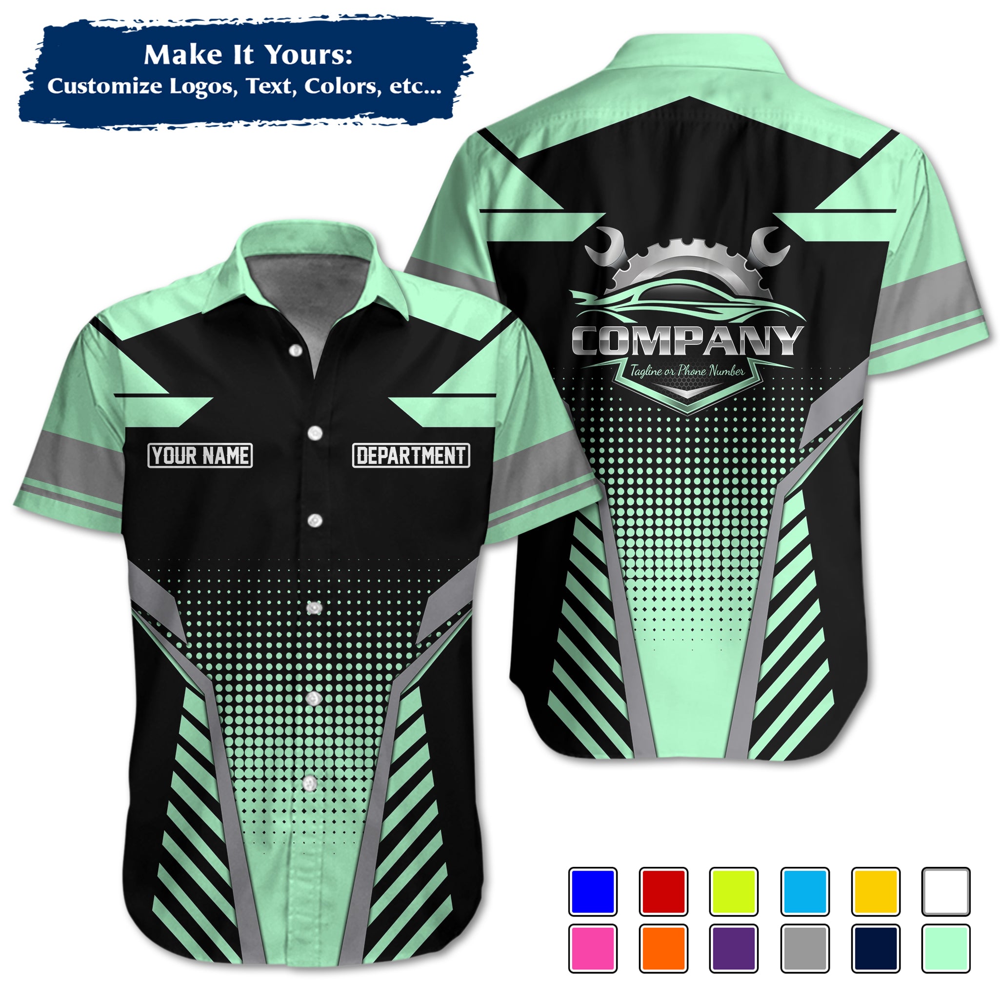 Custom Hawaiian Work Shirt for Auto Mechanics, Add Garage Logo, Name & Contact Info MCNHW11