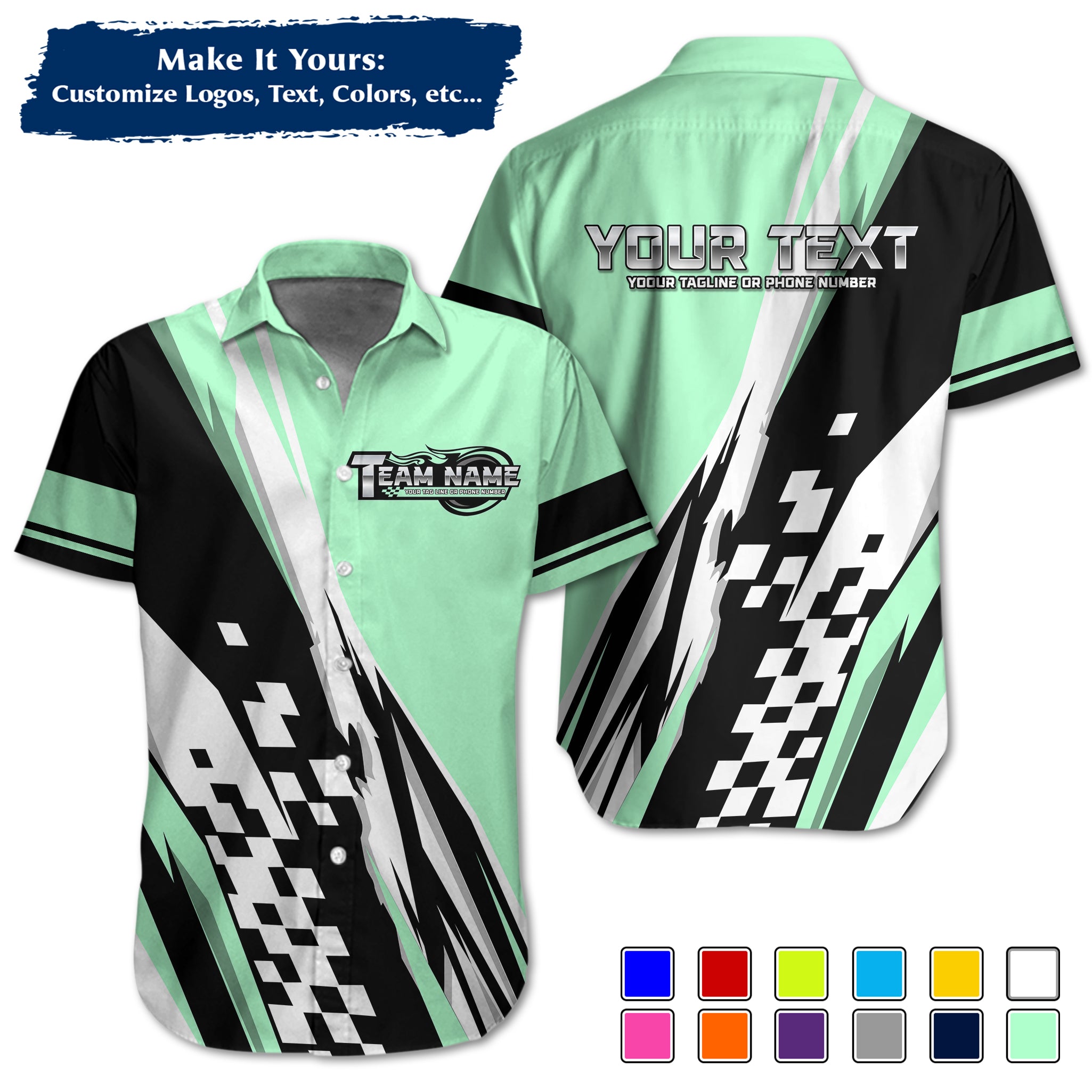 Custom Hawaiian Work Shirt for Race Team Crew Members, Add Team Logo, Name & Contact Info RCHW120