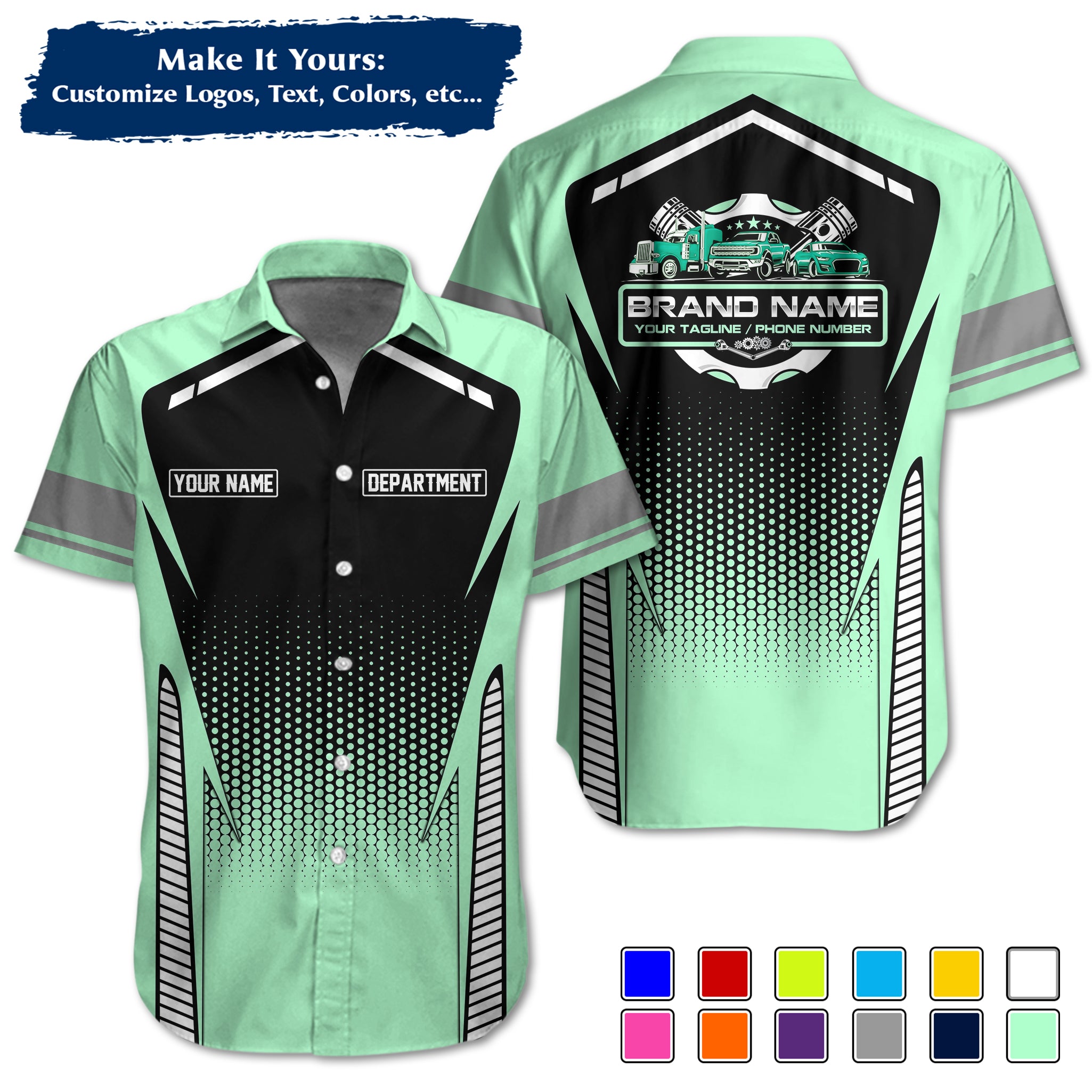 Custom Hawaiian Work Shirt for Auto Mechanics, Add Garage Logo, Name & Contact Info MCNHW15