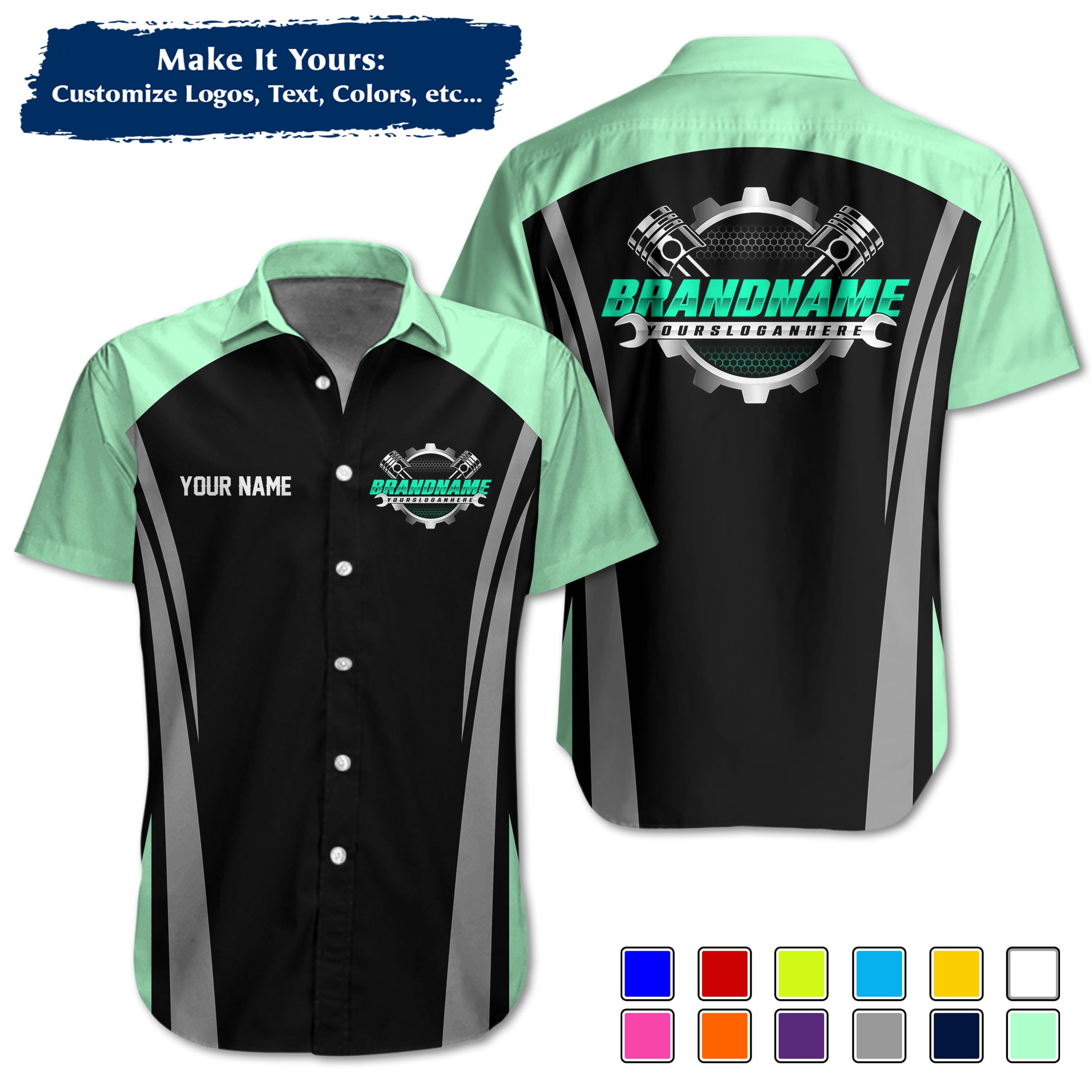 Custom Hawaiian Work Shirt for Auto Mechanics, Add Garage Logo, Name & Contact Info MCNHW36