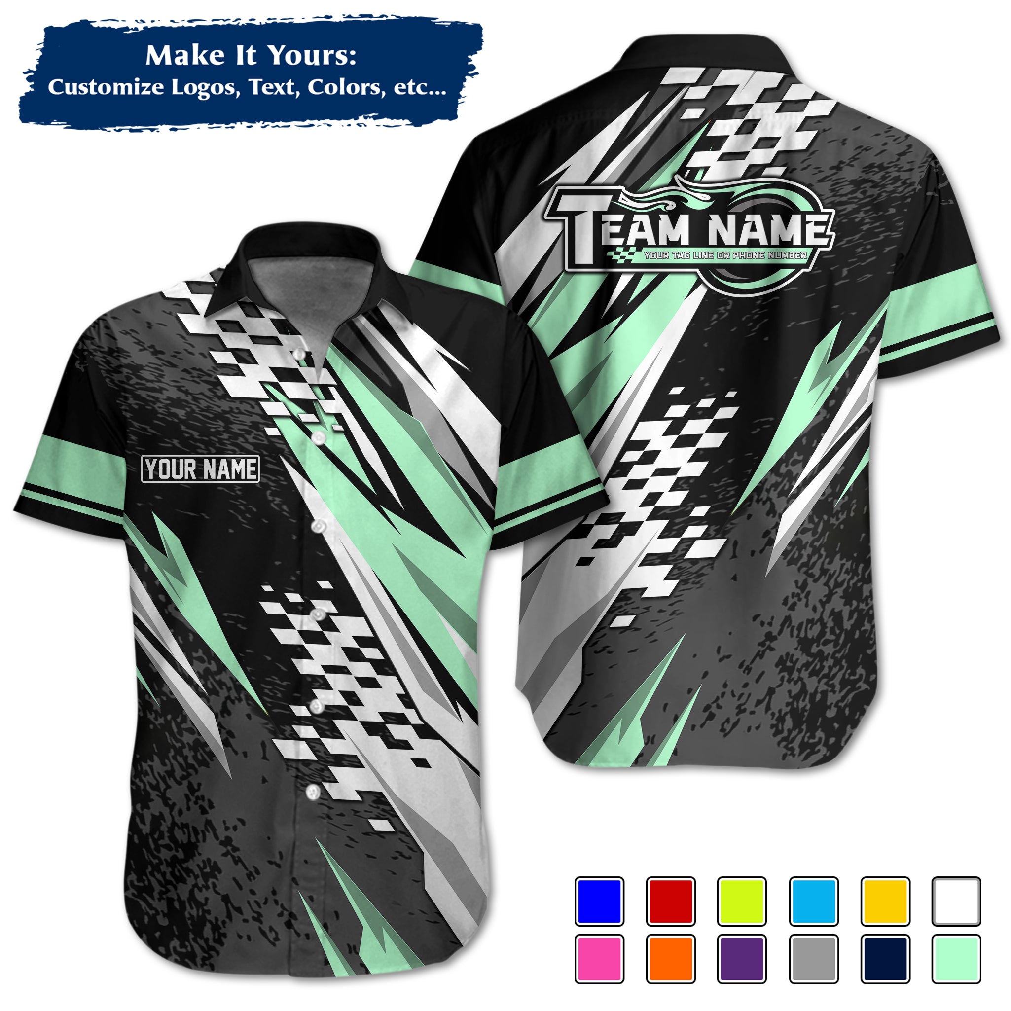 Custom Hawaiian Work Shirt for Race Team Crew Members, Add Team Logo, Name & Contact Info RCHW19