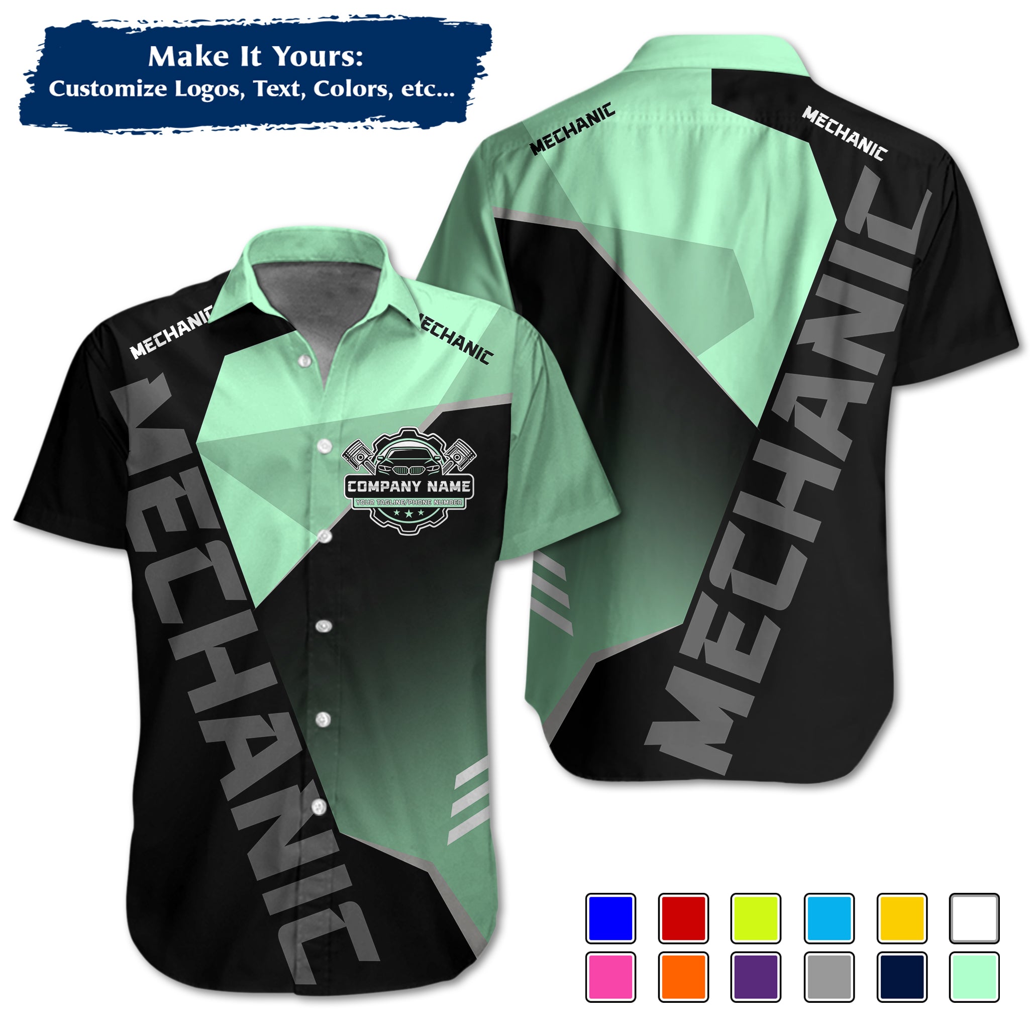 Custom Hawaiian Work Shirt for Auto Mechanics, Add Garage Logo, Name & Contact Info MCNHW21