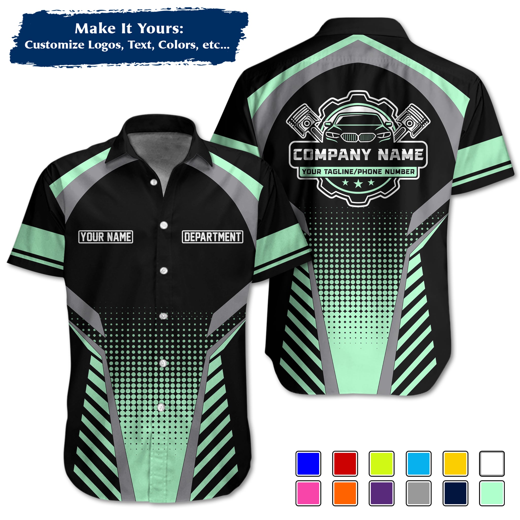 Custom Hawaiian Work Shirt for Auto Mechanics, Add Garage Logo, Name & Contact Info MCNHW14