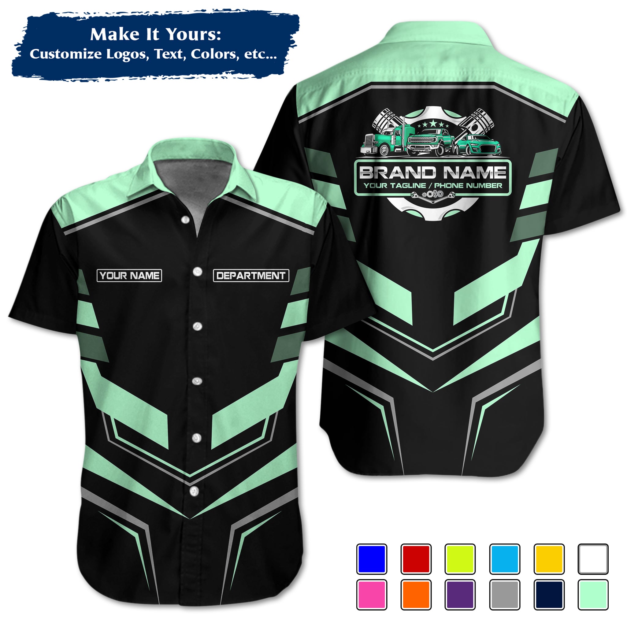 Custom Hawaiian Work Shirt for Auto Mechanics, Add Garage Logo, Name & Contact Info MCNHW05