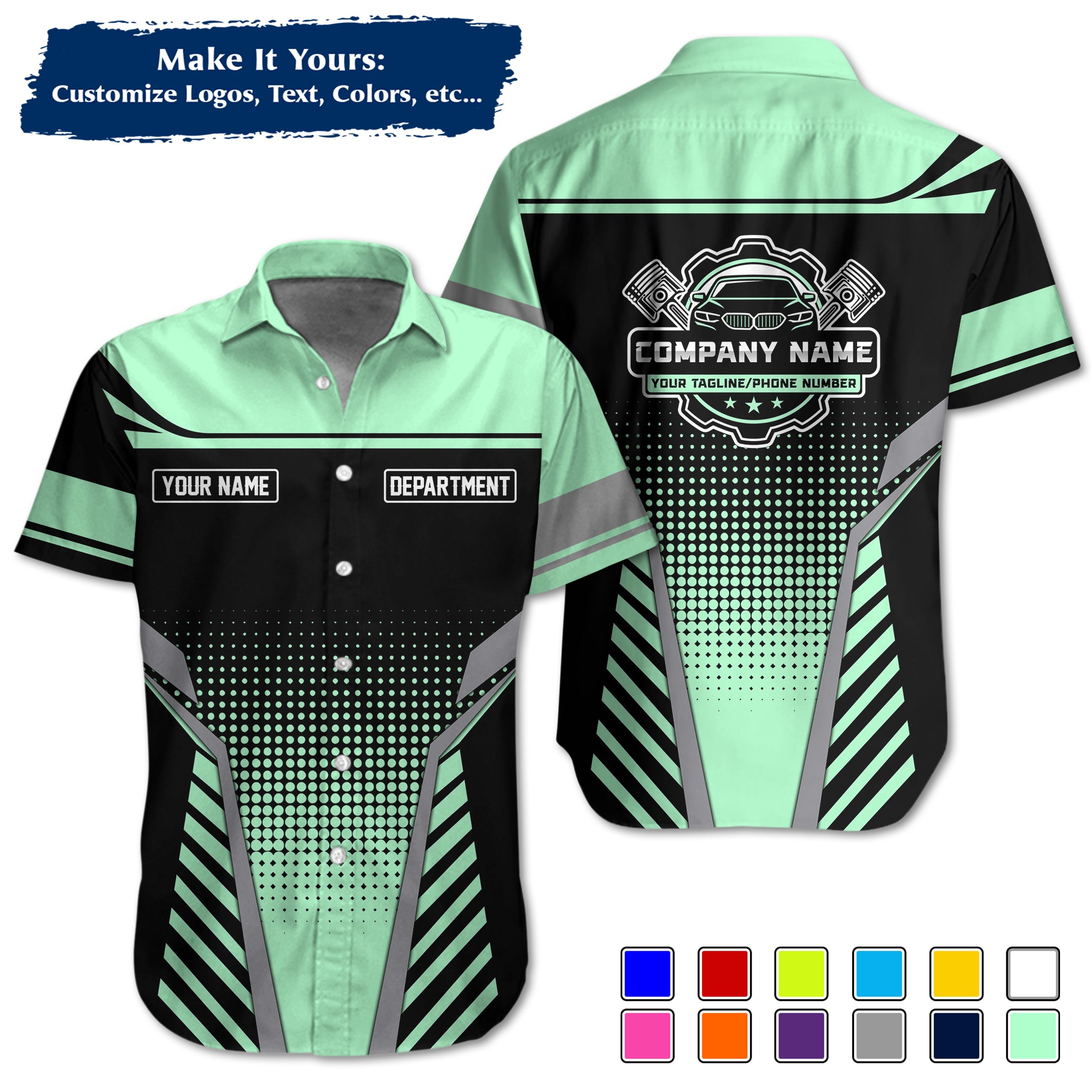 Custom Hawaiian Work Shirt for Auto Mechanics, Add Garage Logo, Name & Contact Info MCNHW10