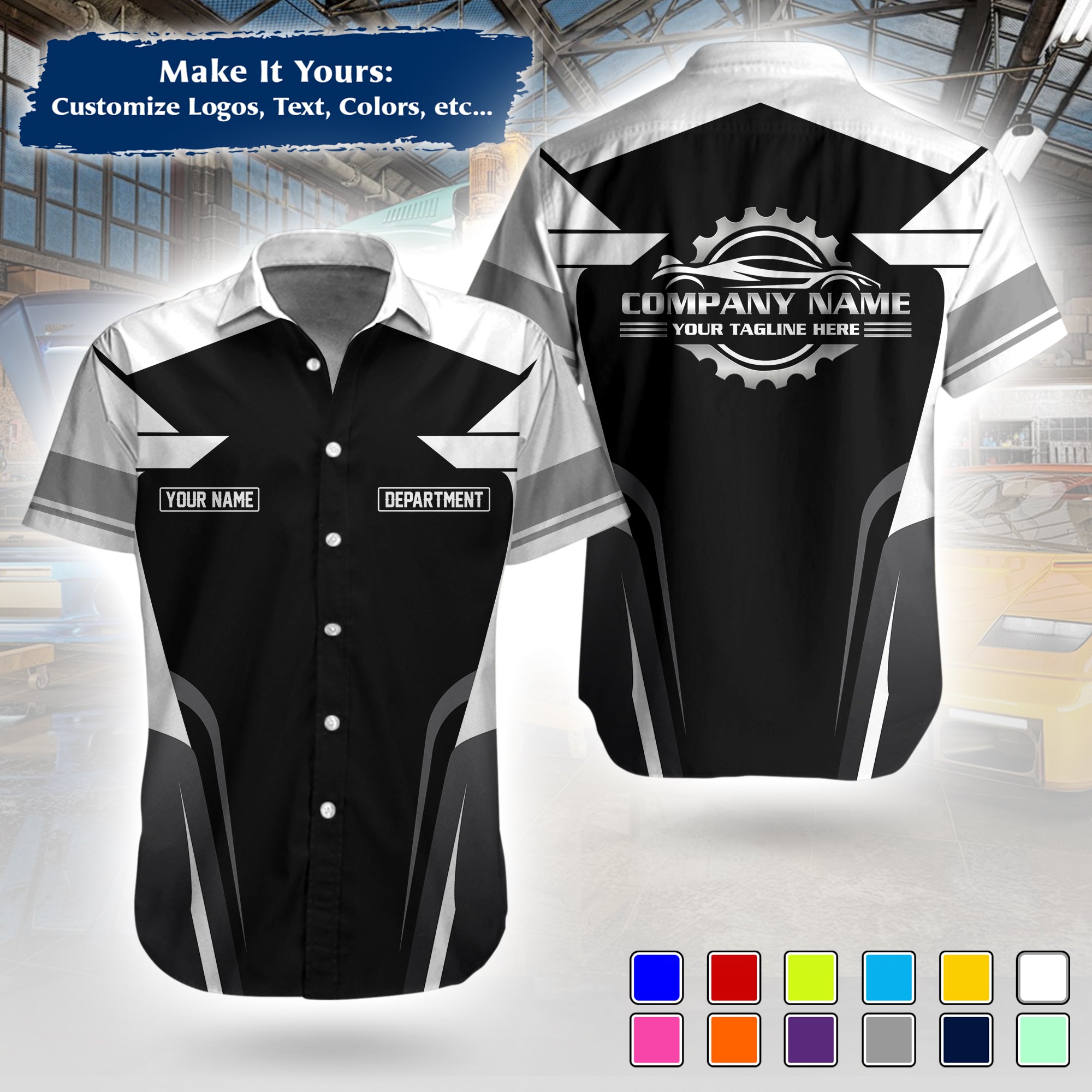 Custom Hawaiian Work Shirt for Auto Mechanics, Add Garage Logo, Name & Contact Info MCNHW01