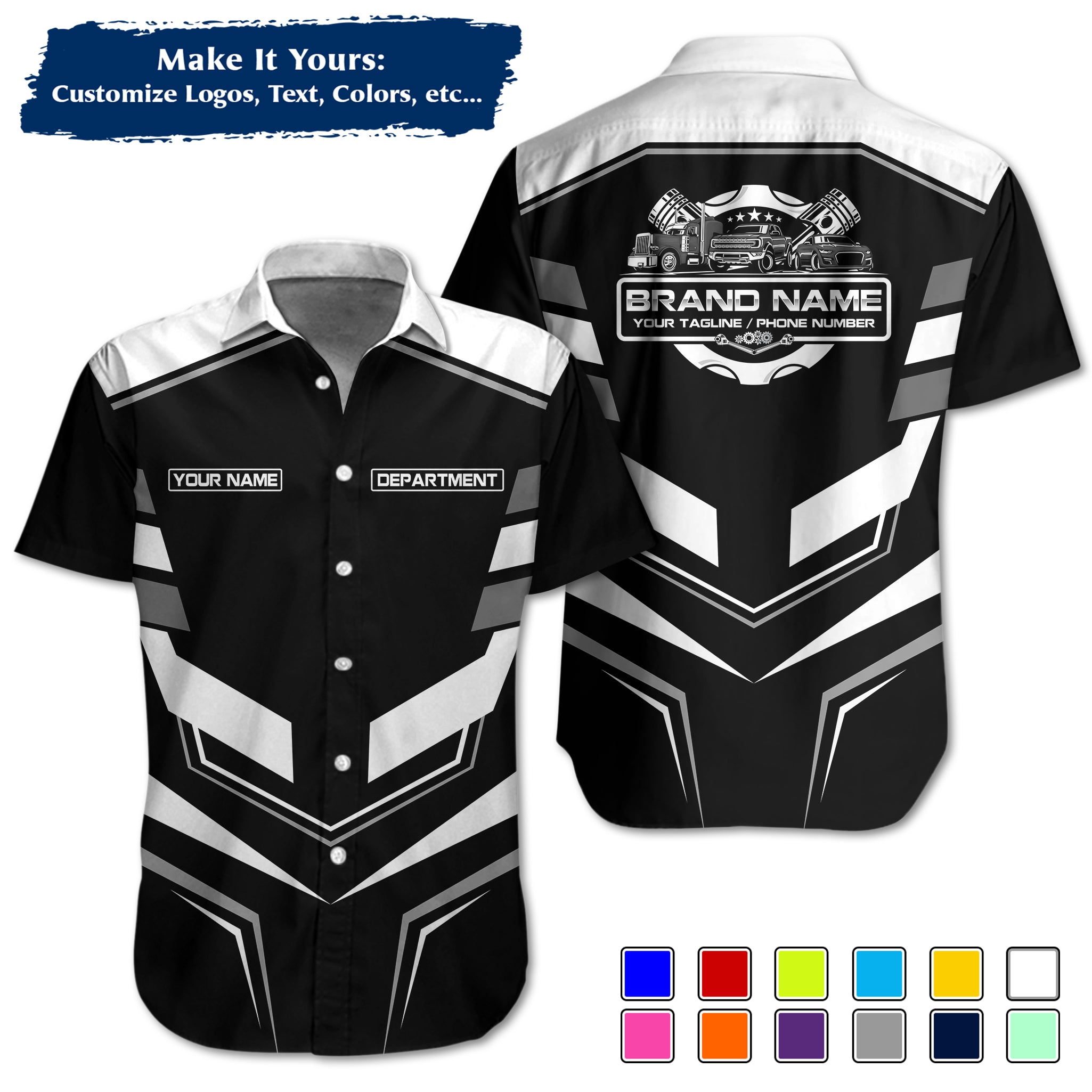 Custom Hawaiian Work Shirt for Auto Mechanics, Add Garage Logo, Name & Contact Info MCNHW05